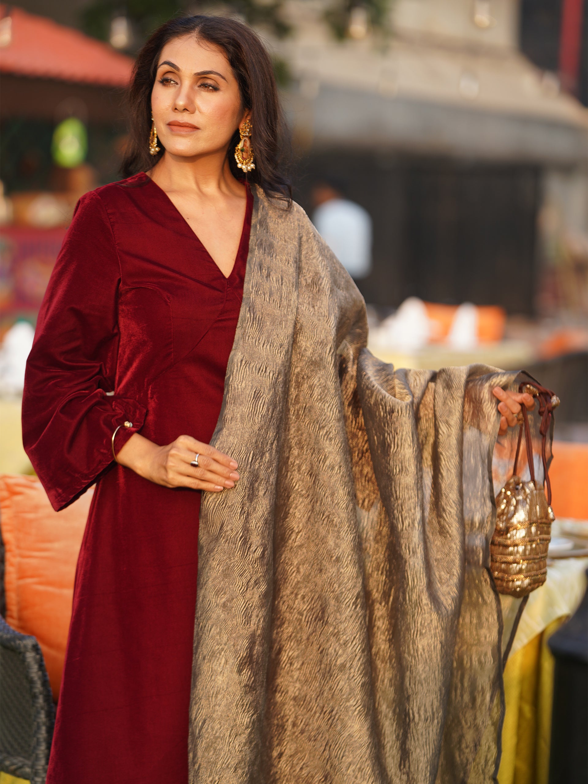 Women's Maroon Velvet Kurta with Pant and Crushed Tissue Dupatta 3 Piece Set | Straight Fit, V Neck, Full Sleeves, Pants, Festive Wear, (Velvet)