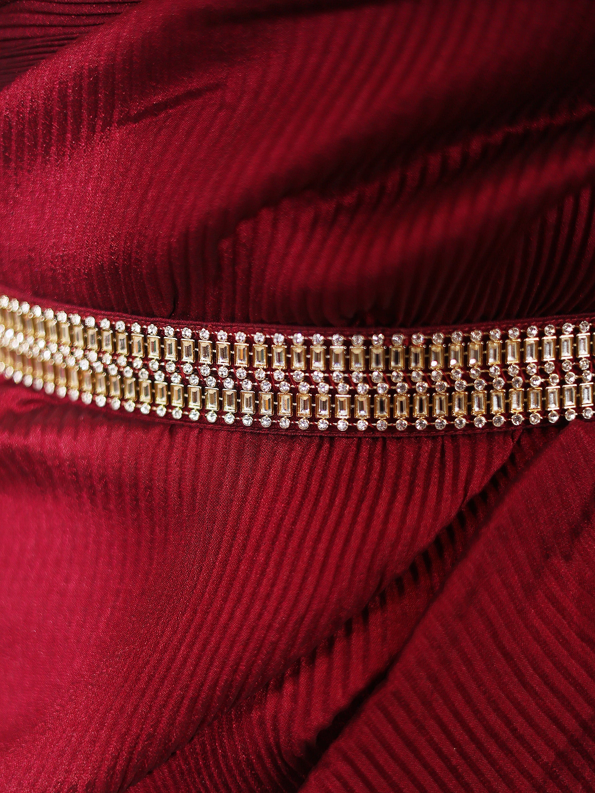 3 pc SET -Maroon Pant Saree Pleated with Leaf Halter blouse and Dazzling Belt