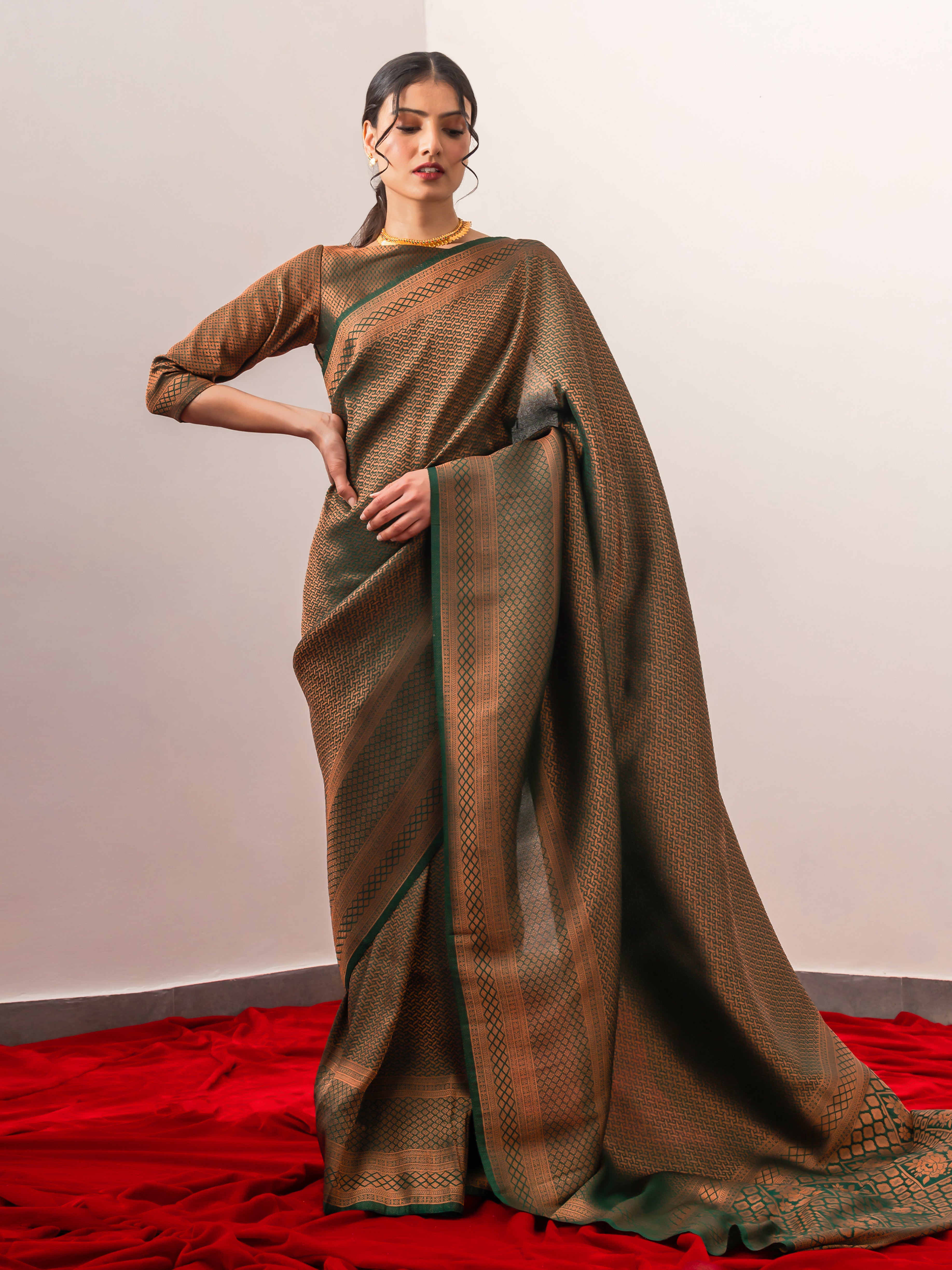 Sana Green Jaal Work Soft Silk Saree with Blouse Fabric