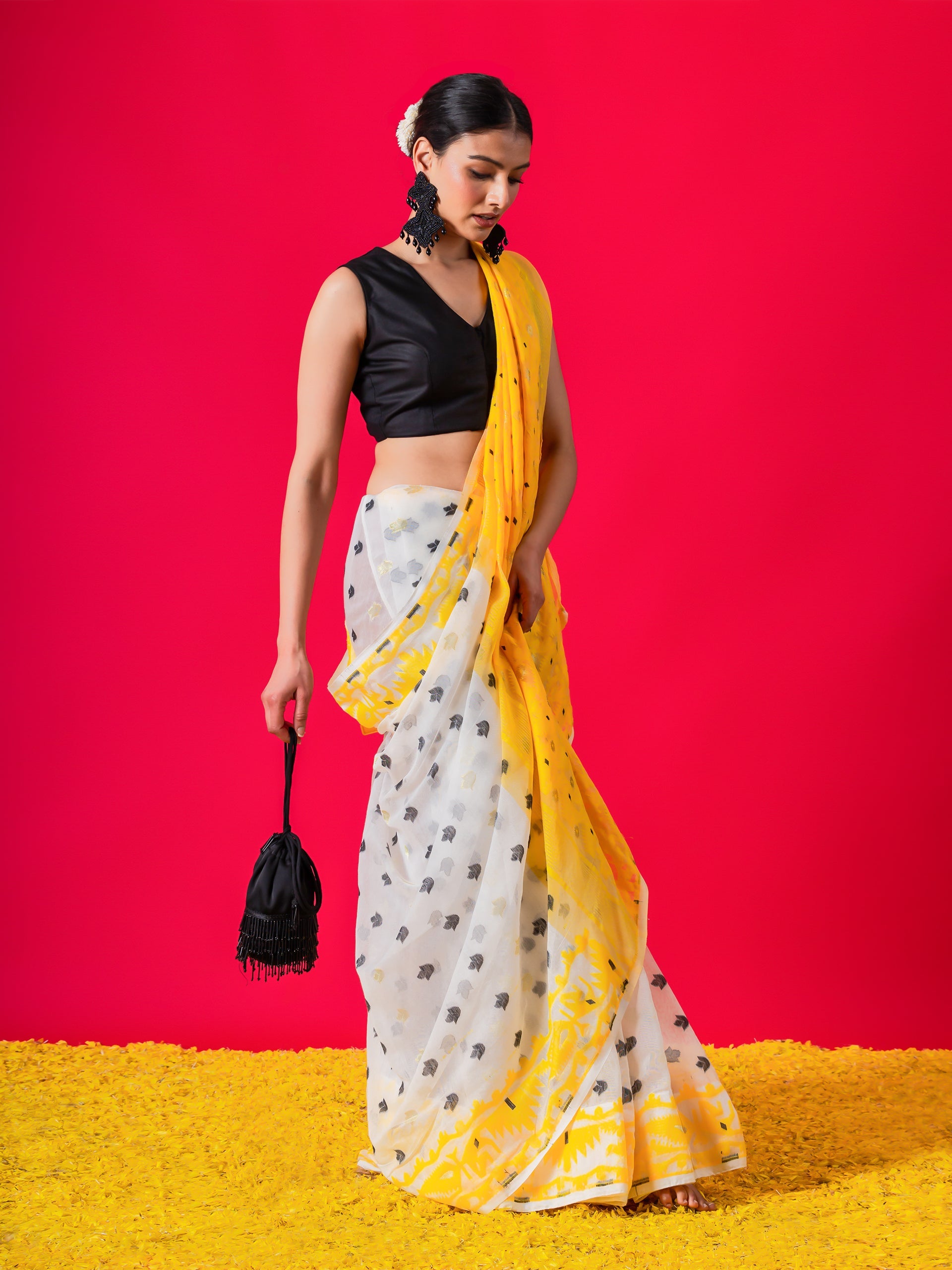 Nayantara Yellow and Black Jamdani Cotton Saree