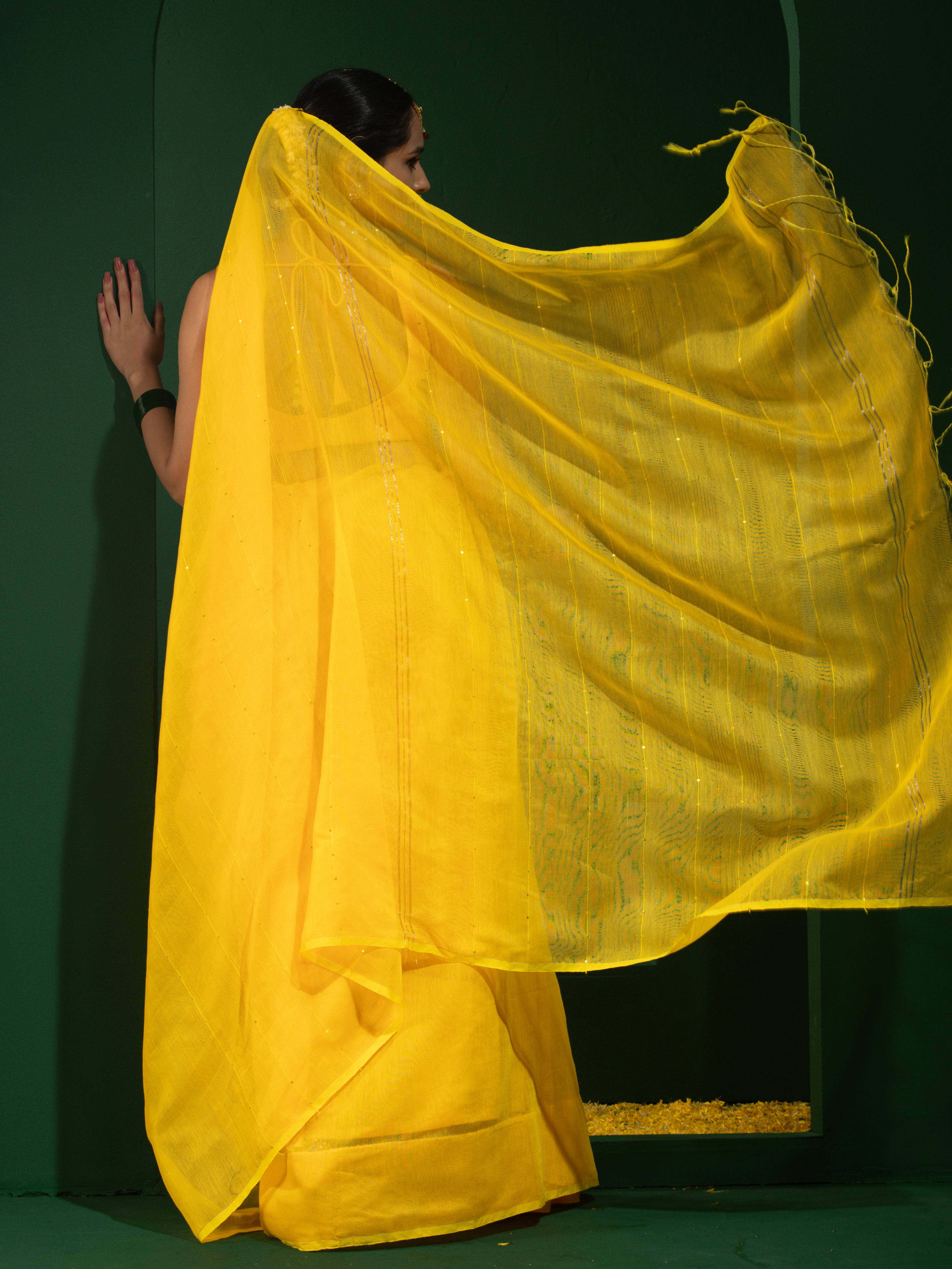 Yellow Sequin Cotton Saree With Blouse Fabric