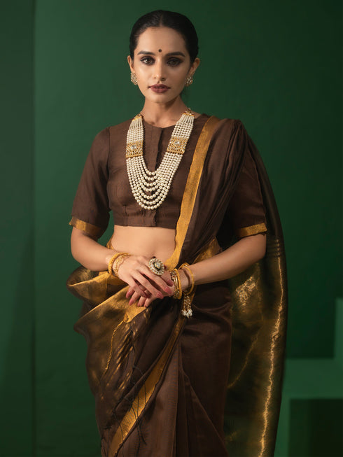 Coffee and Bronze Cotton Silk Saree with Blouse Fabric