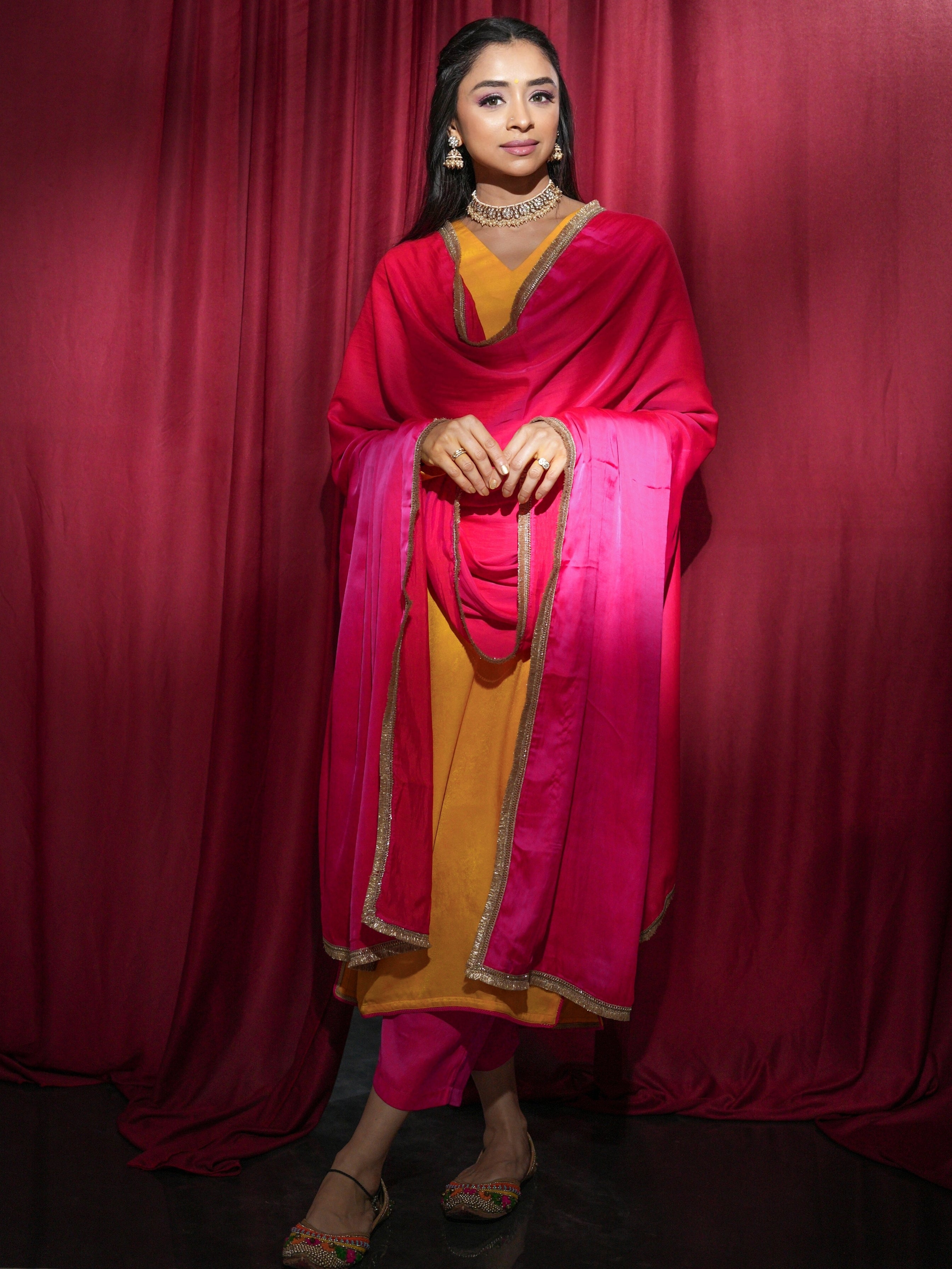 Women's Sunflower Yellow Posh Kurta with Dual Colour Satin Pant and Lace Dupatta 3 Piece Set | A-Line, V Neck, Full Sleeves, Pants, Festive Wear, (Satin)