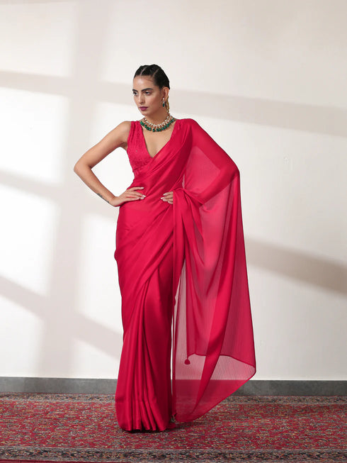 Ruby Butter Chiffon Pre-draped Saree with Self Blouse Fabric
