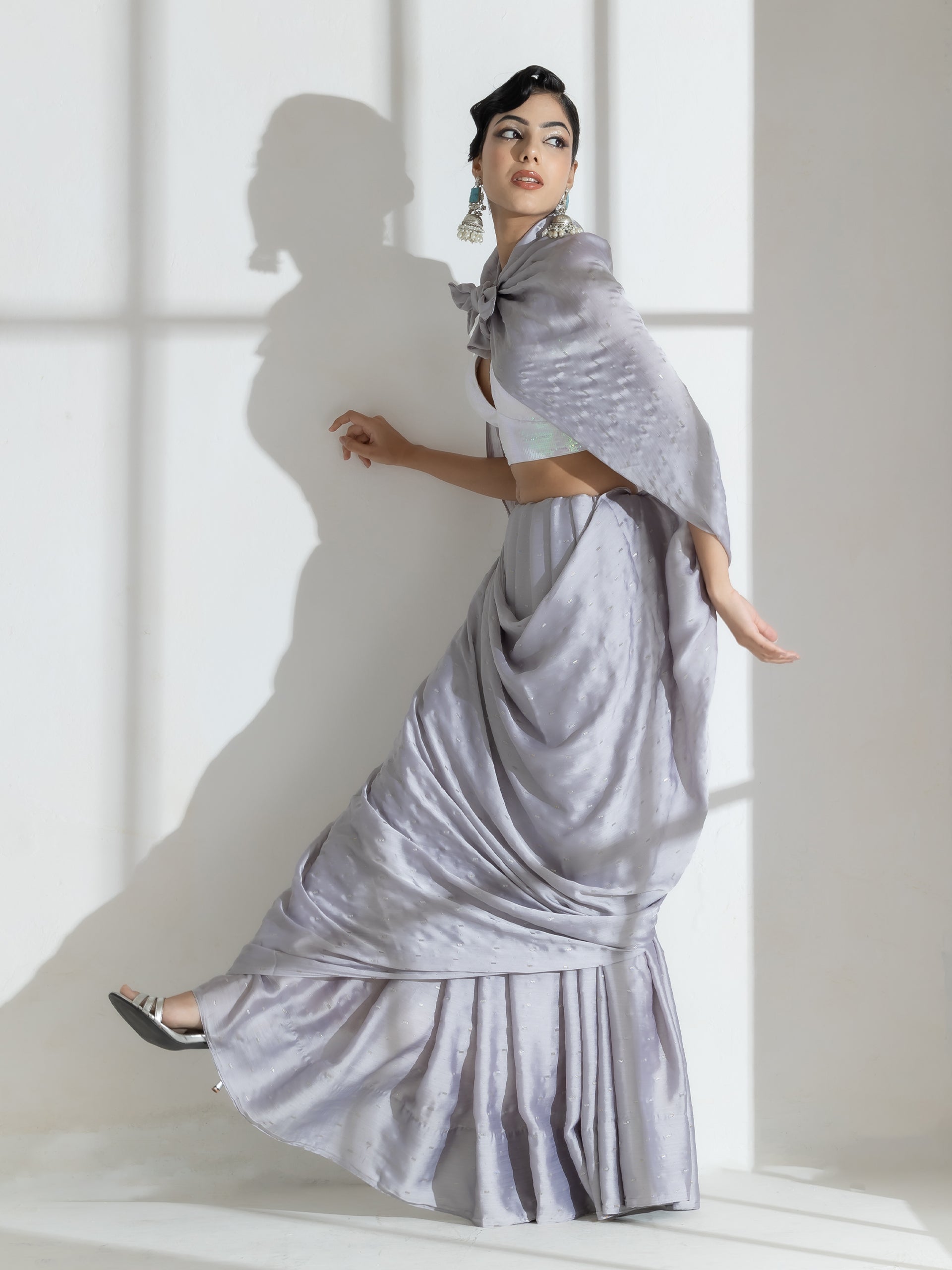 Silver Grey Printed Butter Chiffon Saree