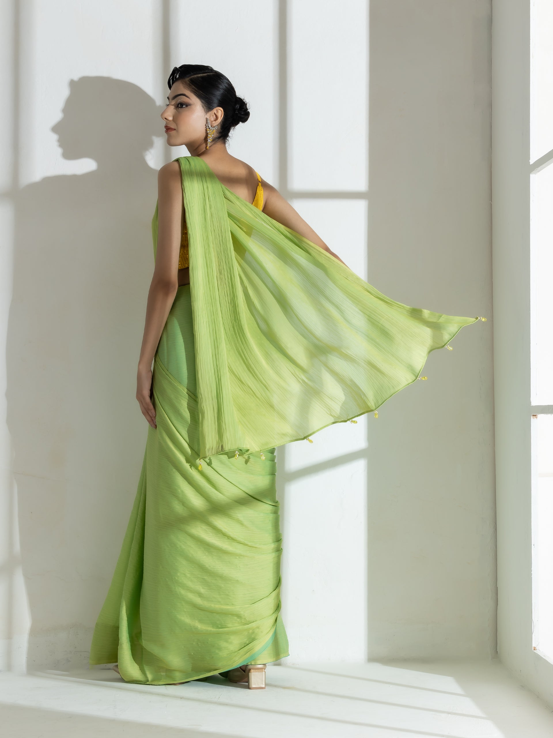 Lime and blue dual shade texture chiffon saree with beads — view 4