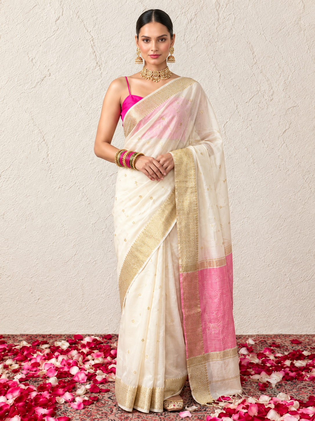 Cream and Baby Pink Chanderi Cotton Silk Saree with Matching Pink Blouse Fabric