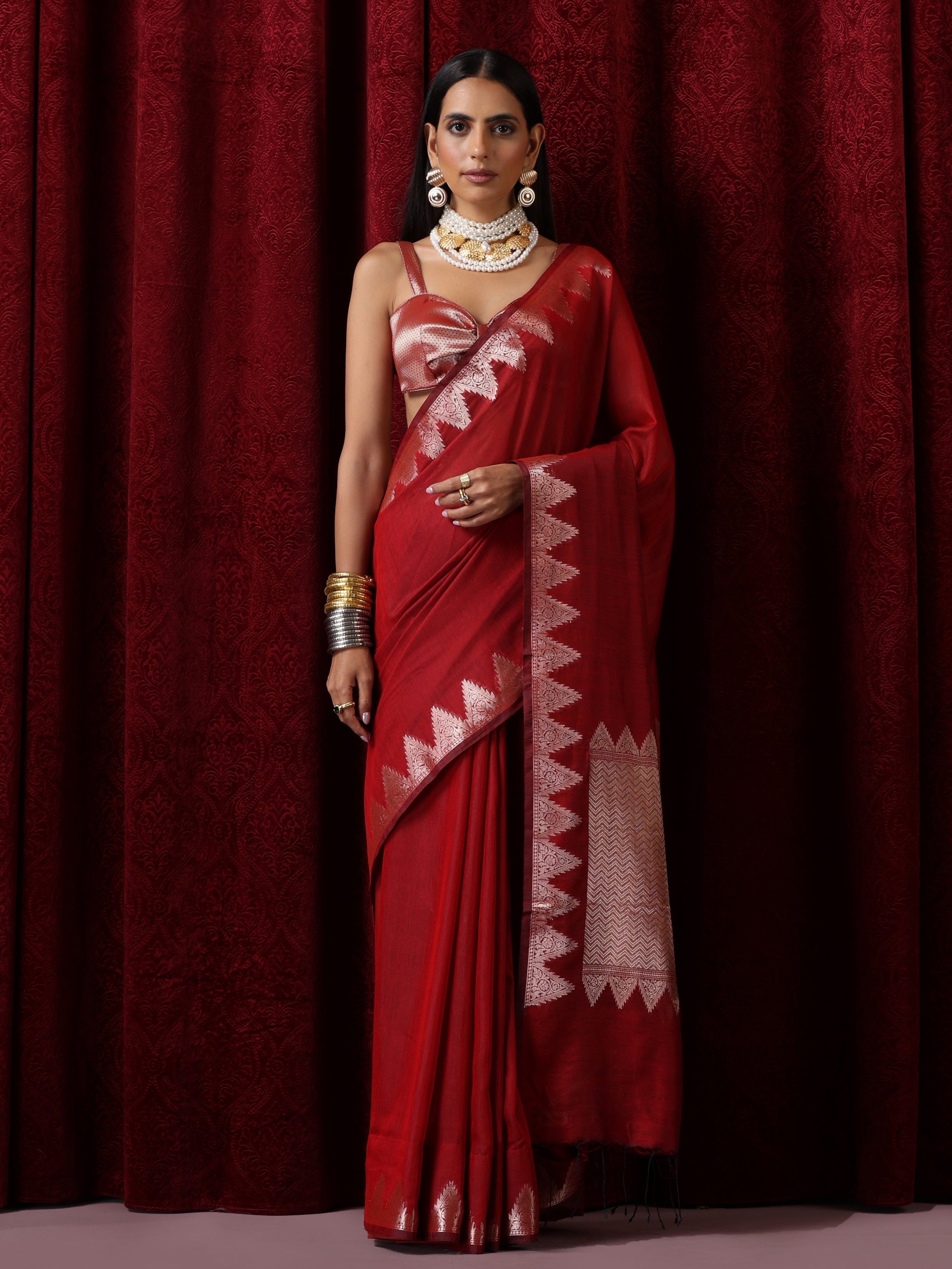 Banaras Red Temple Mul Mul Cotton Silk Saree with Blouse Fabric