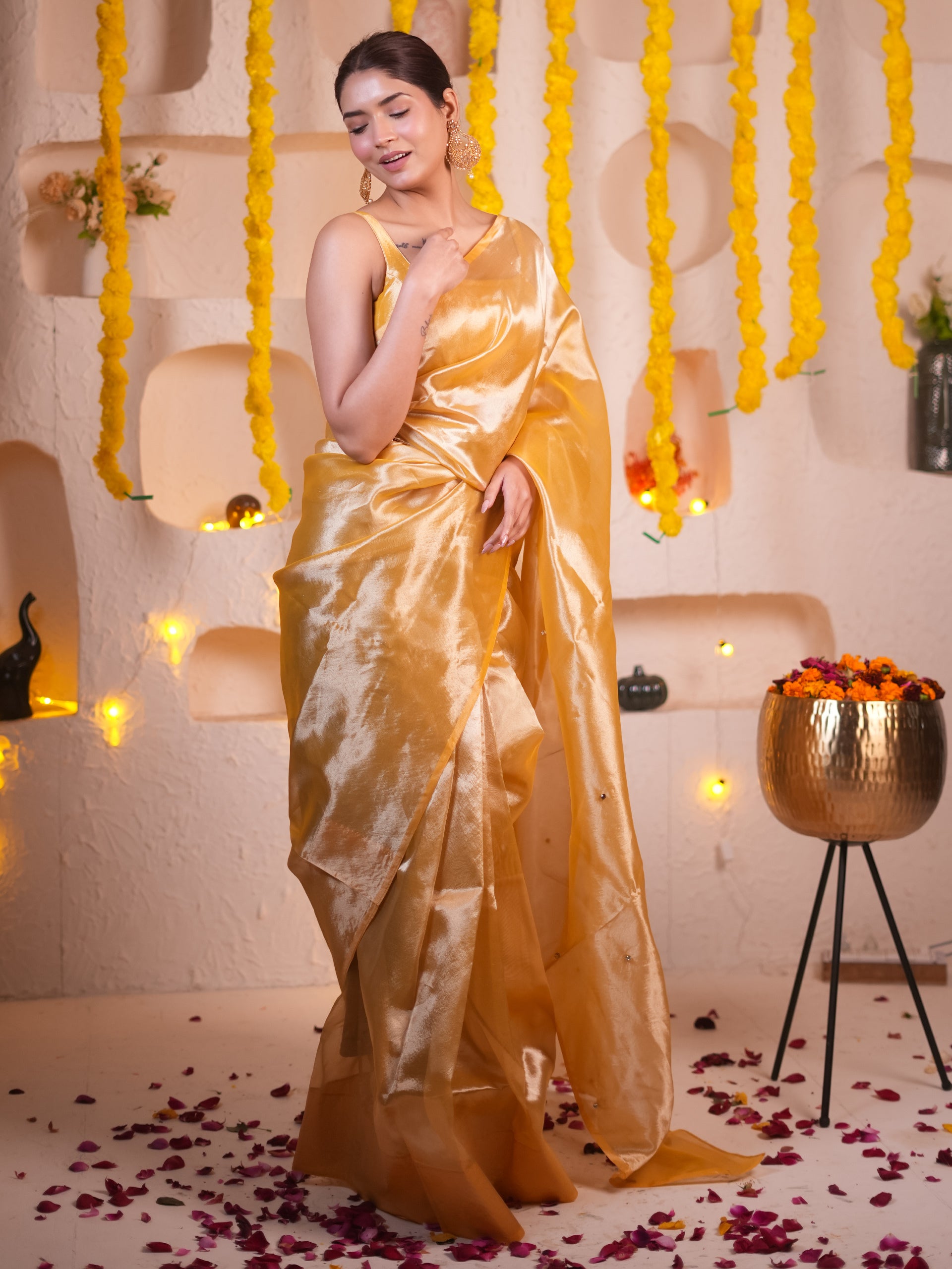 Banarasi Haldi Tissue Saree With Beads And Blouse Fabric
