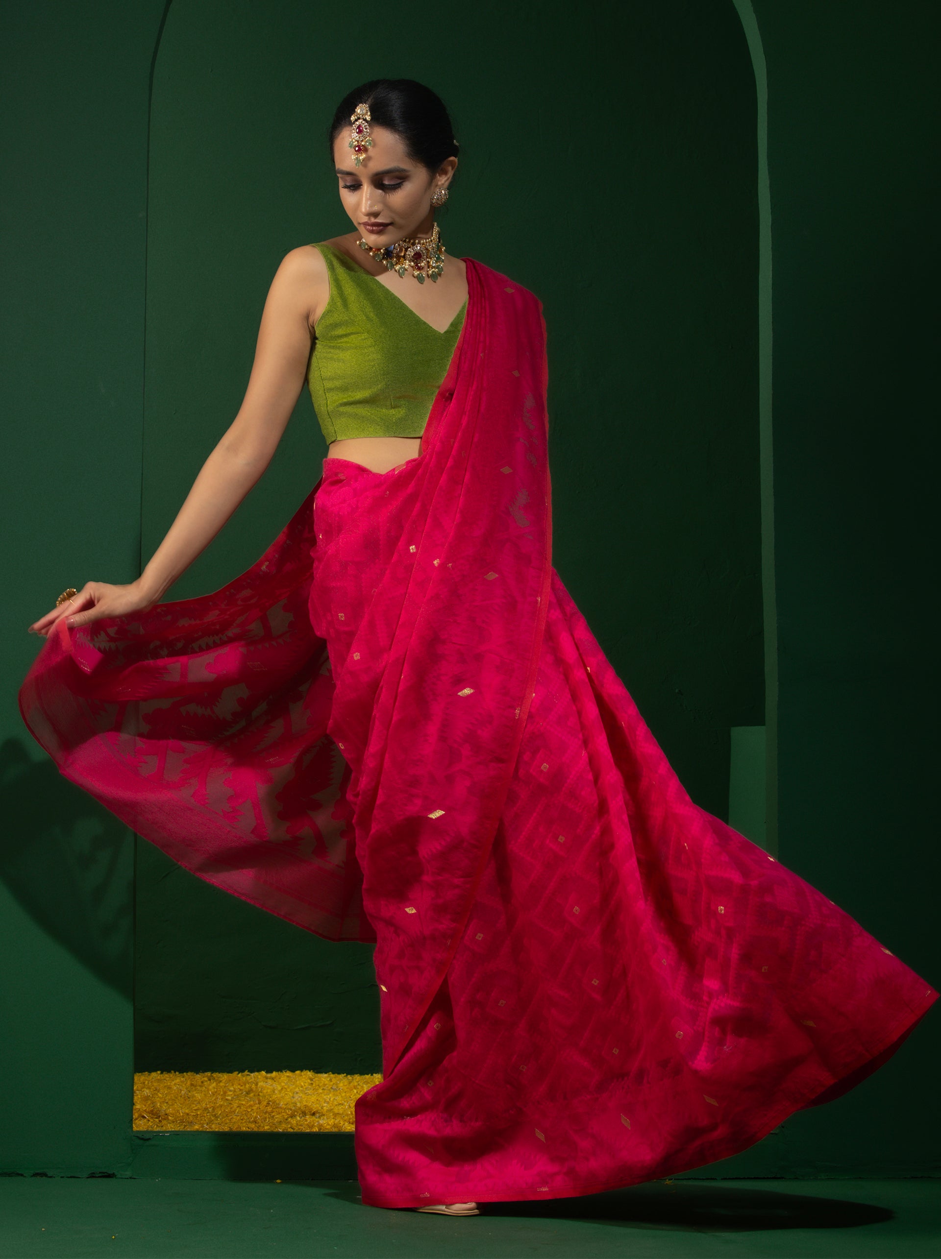 Authentic Aishwarya Pink Jamdani Cotton Saree
