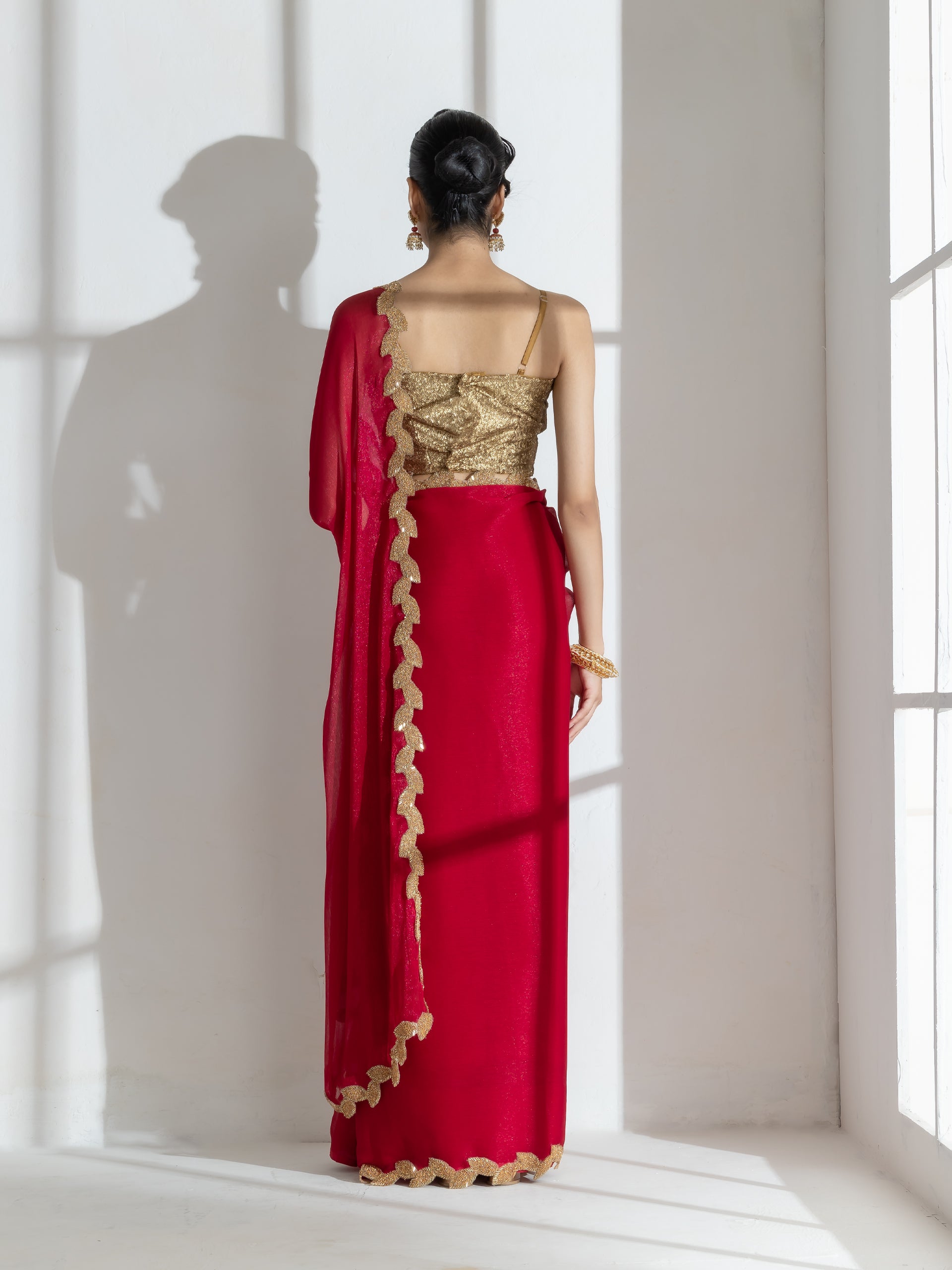 Vermilion Red Shimmer Chiffon Saree with Leaf Beaded Lace and Self Blouse Fabric
