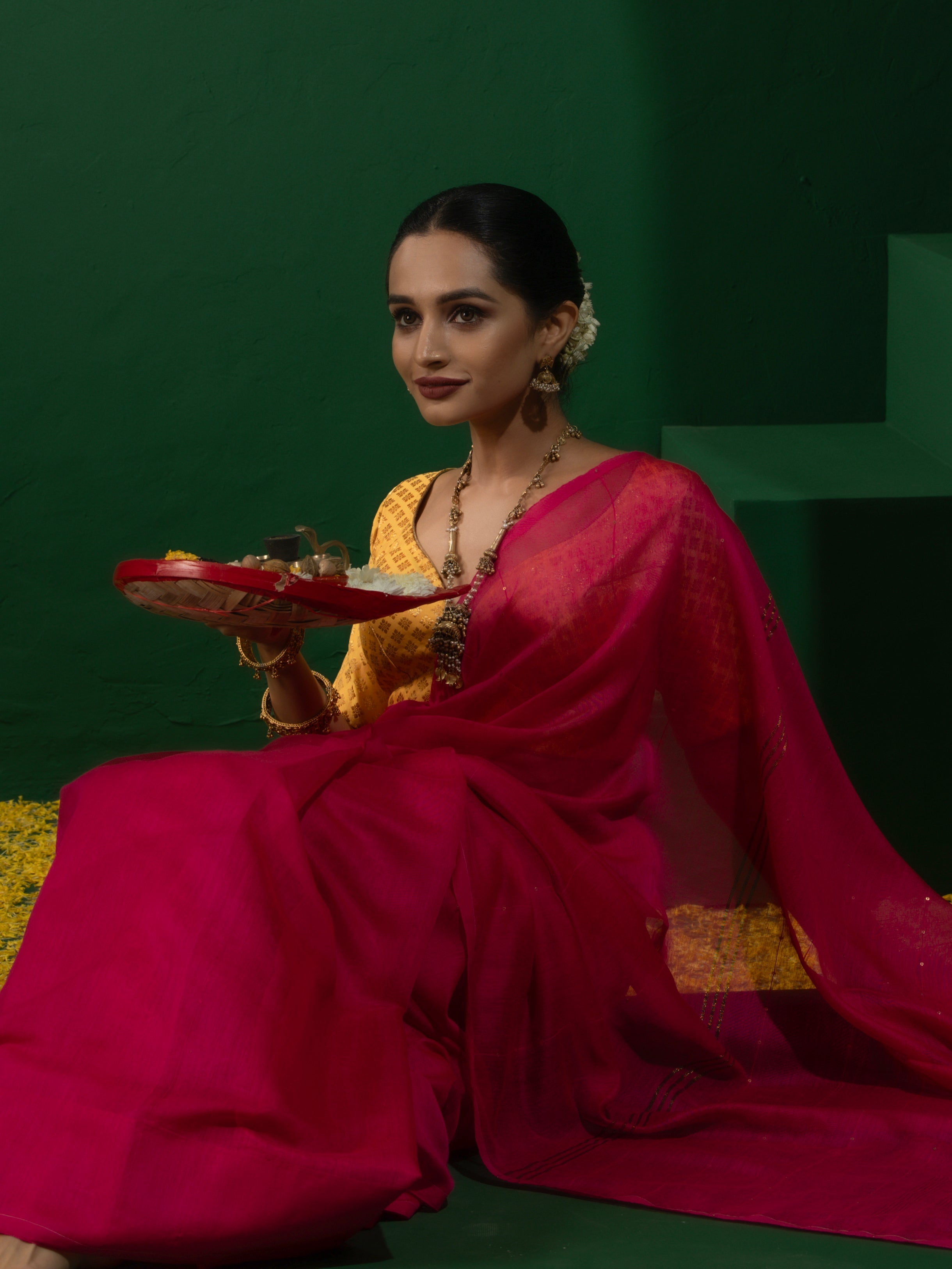 Rani Sequin Cotton Saree With Self Blouse Fabric