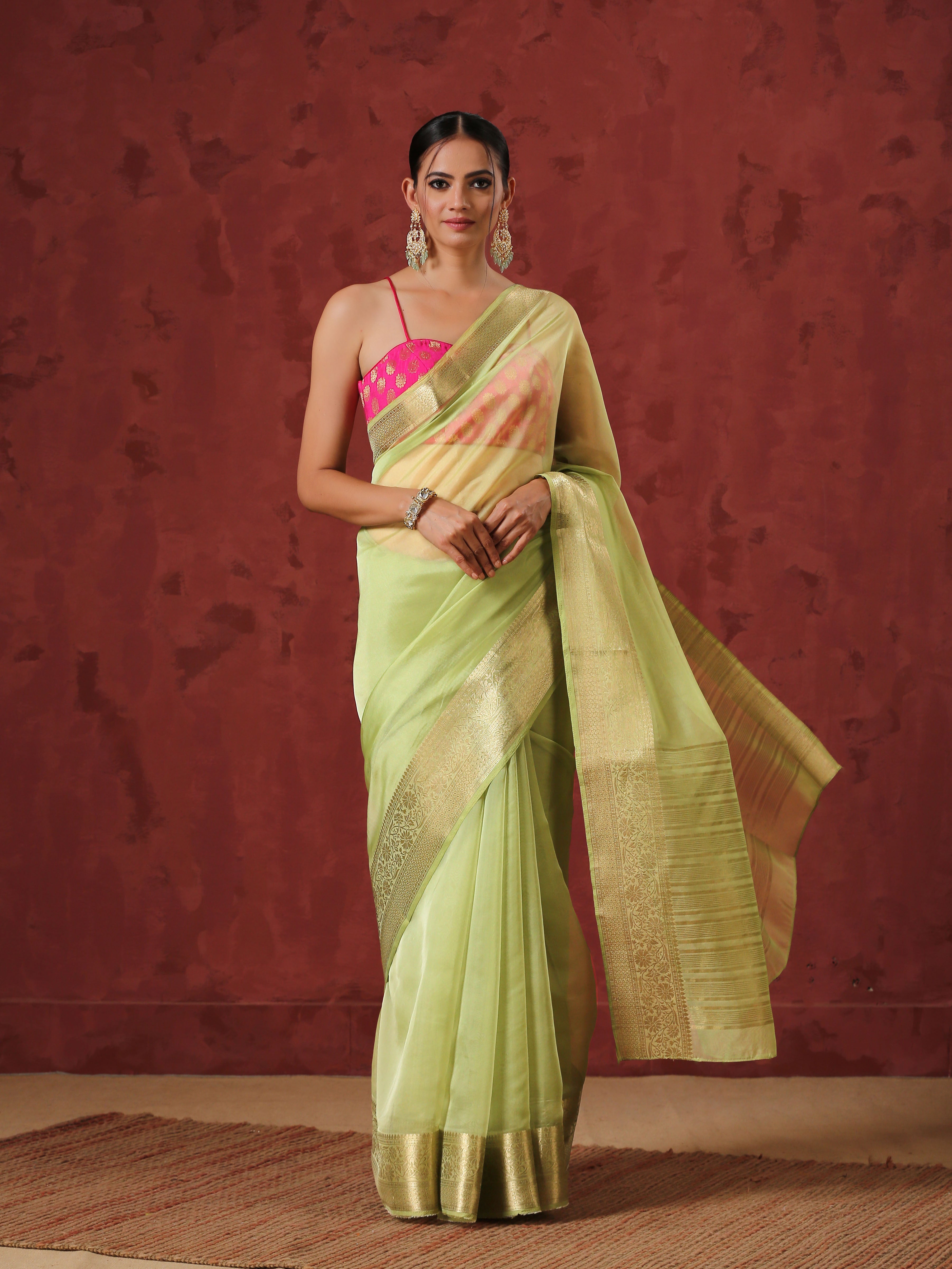 Mehendi Organza Saree with Border