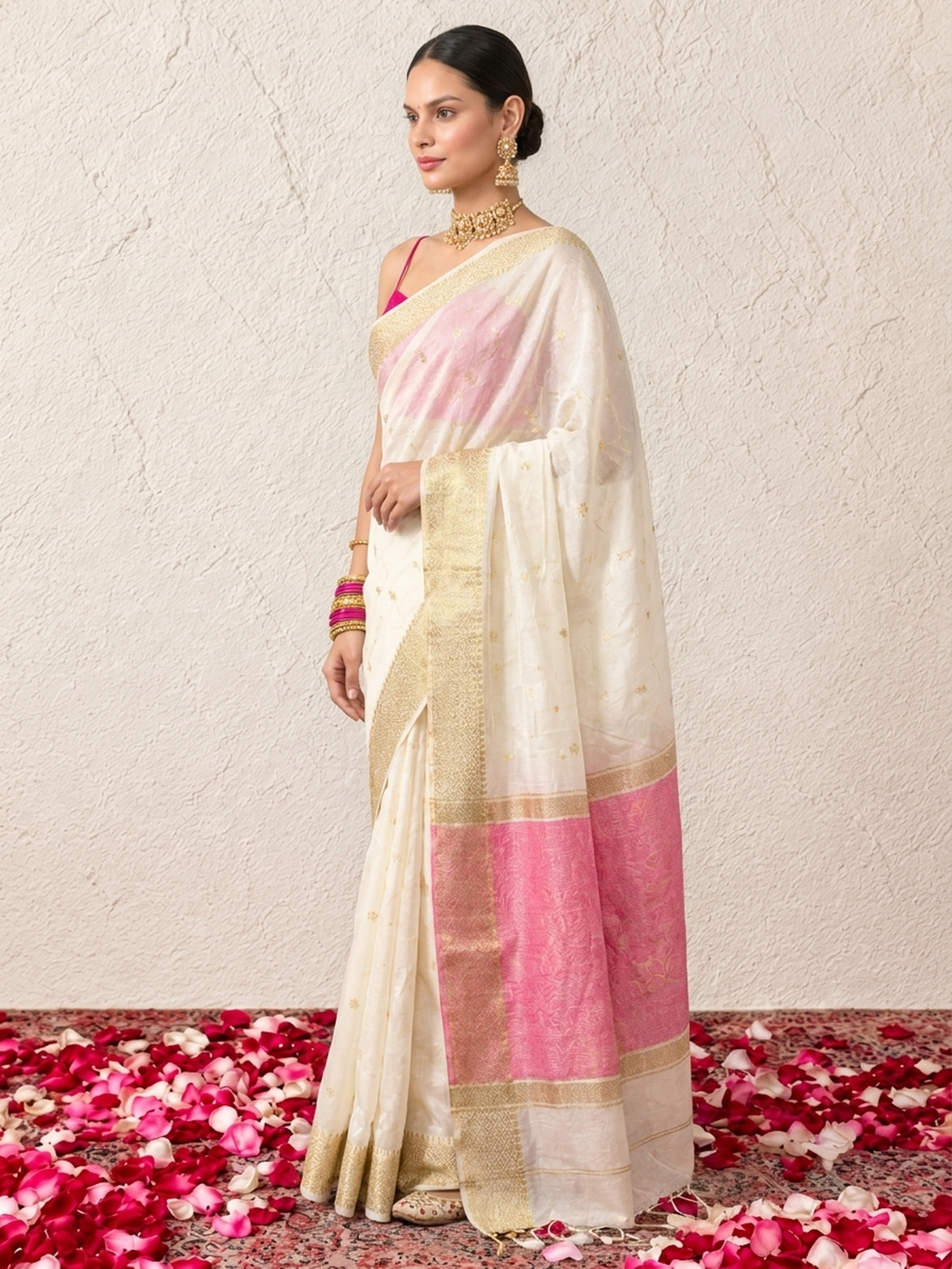 Cream and Baby Pink Chanderi Cotton Silk Saree with Matching Pink Blouse Fabric