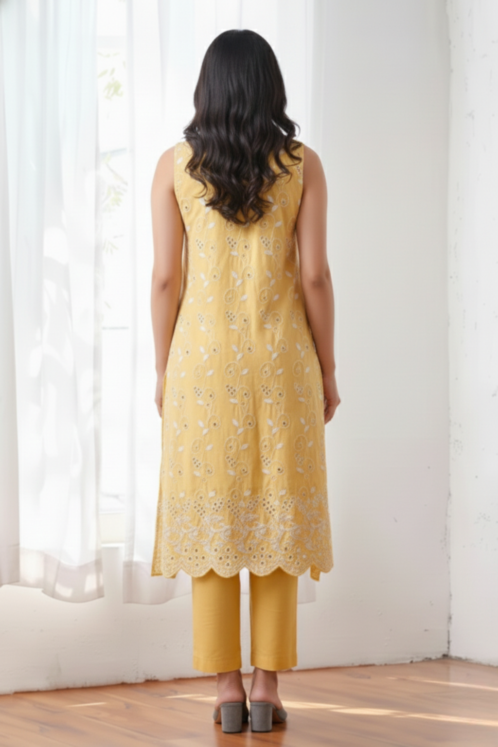 2 Pc Set - Sunshine Yellow Cotton Allover Embroidered Schffli Sleeveless Kurta with Pants