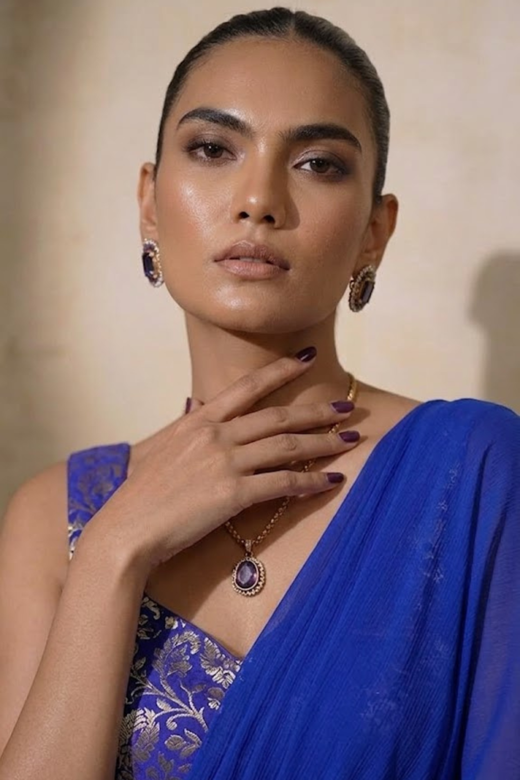 With Stitched Blouse - Blue Brocade Blouse with Royal Blue Chiffon Saree (Blouse has sleeve attached)