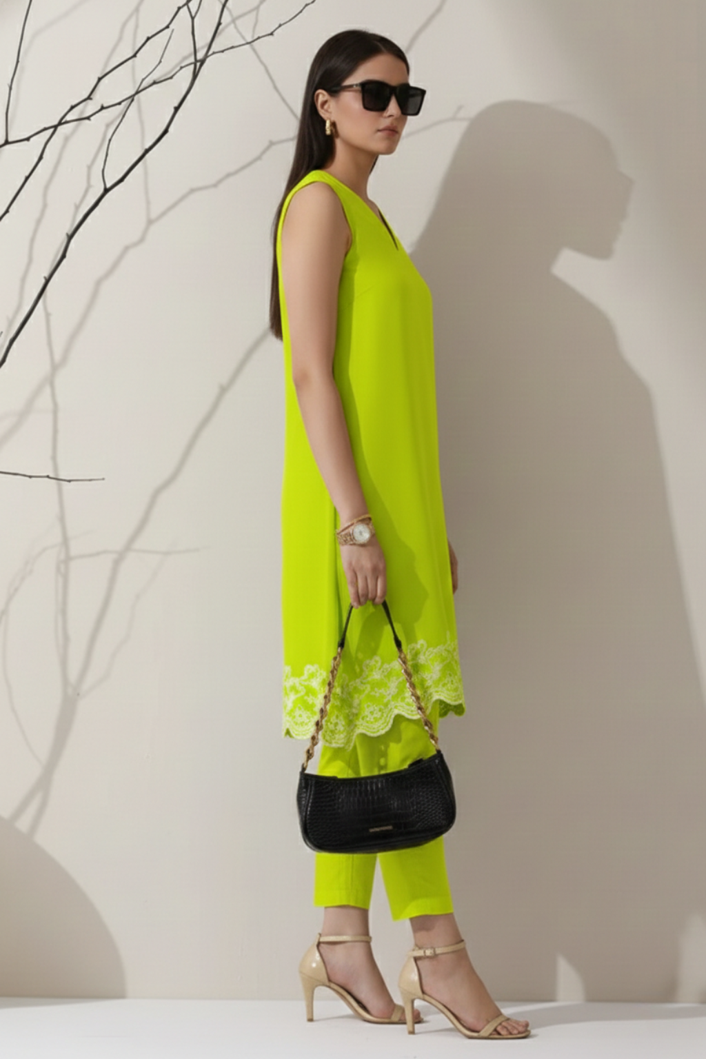 2 Pc Set - Sinful Green Cotton Border Schffli Sleeveless Kurta with Pants