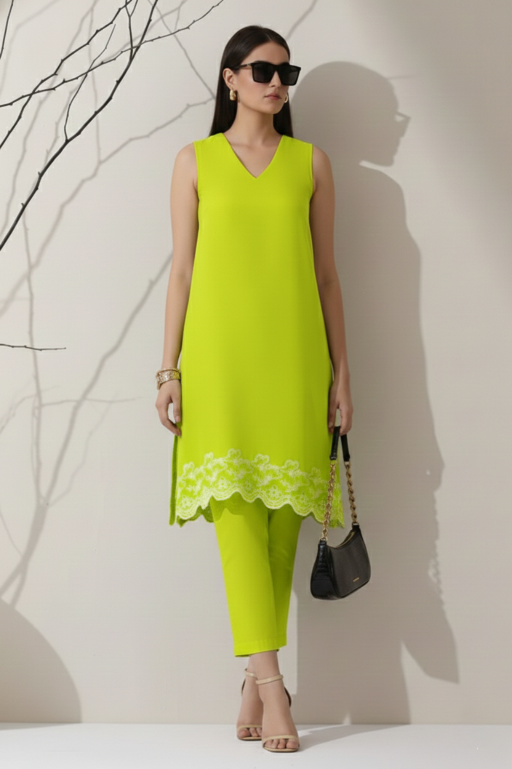 2 Pc Set - Sinful Green Cotton Border Schffli Sleeveless Kurta with Pants