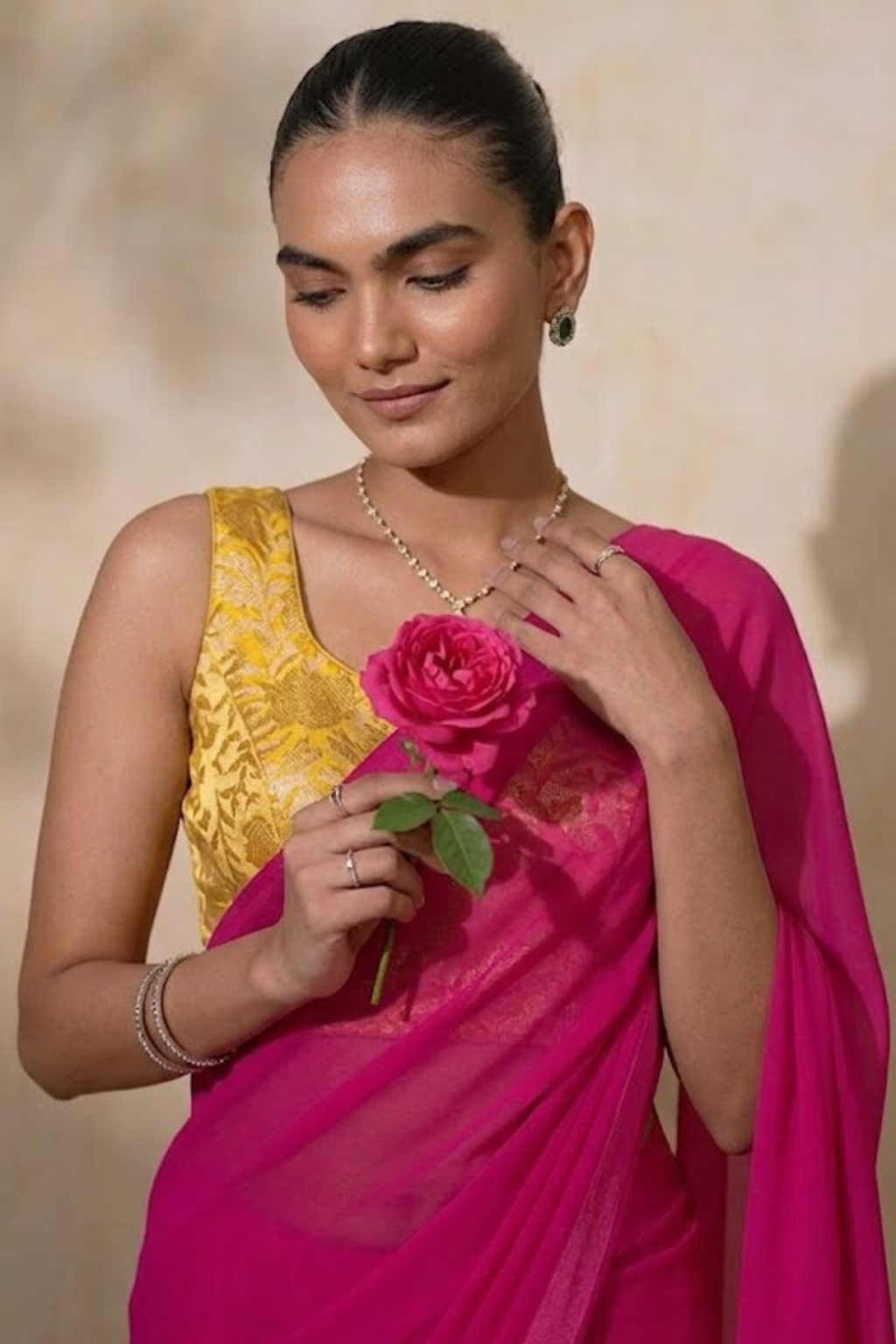 With Stitched Blouse - Yellow Brocade Blouse with Pink Chiffon Saree (Blouse has sleeve attached)