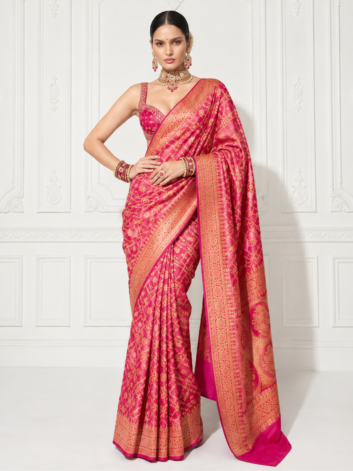 Pink Khaddi Georgette with Fuchsia Orange Design and Blouse Fabric