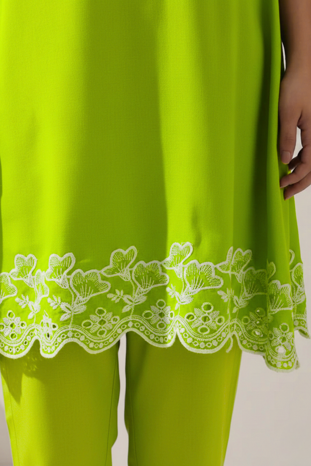 2 Pc Set - Sinful Green Cotton Border Schffli Sleeveless Kurta with Pants