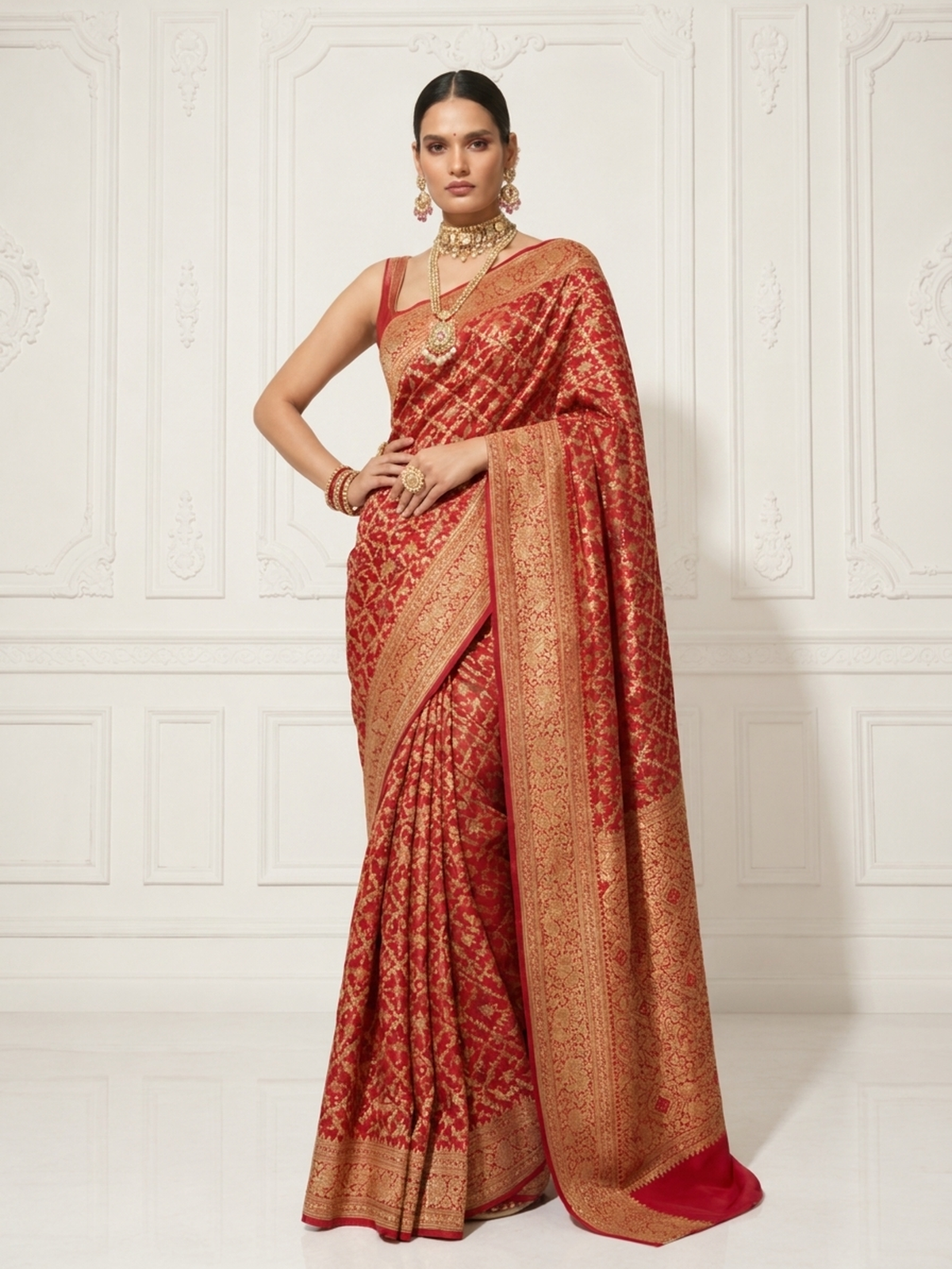 Maroon Khaddi Georgette with Green Pink Orange Design and Blouse Fabric
