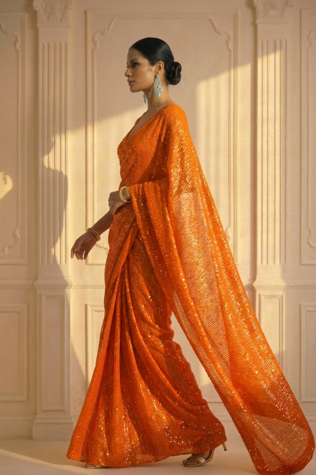 Tangerine Knitted Sequin Saree with Blouse Fabric