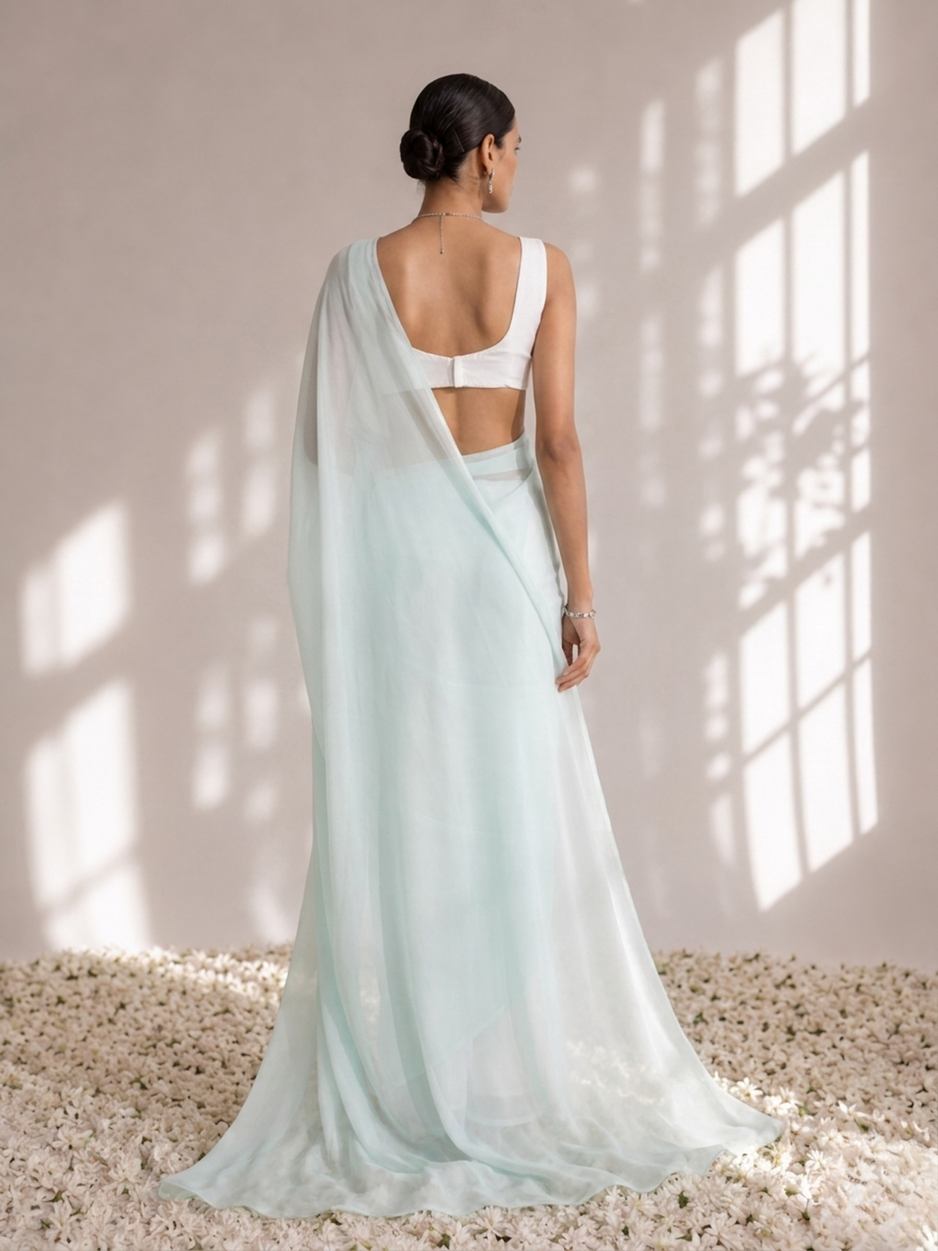 White and Light Blue Saree with Blouse Fabric