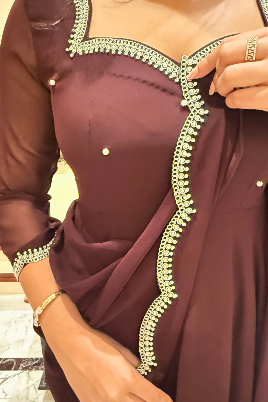 3 pc Suit Set -Chocolate Georgette 3/4th Sleeve Anarkali with Embroidery and Dupatta with Pants