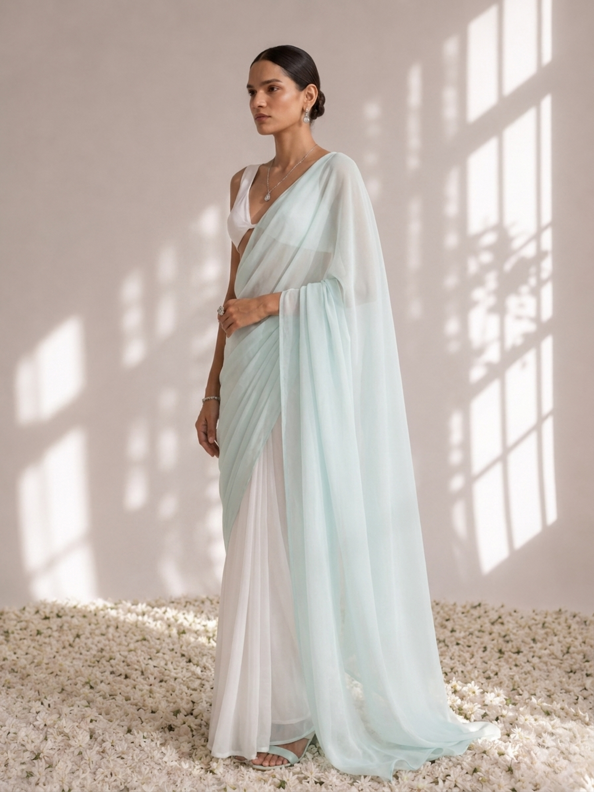 White and Light Blue Saree with Blouse Fabric