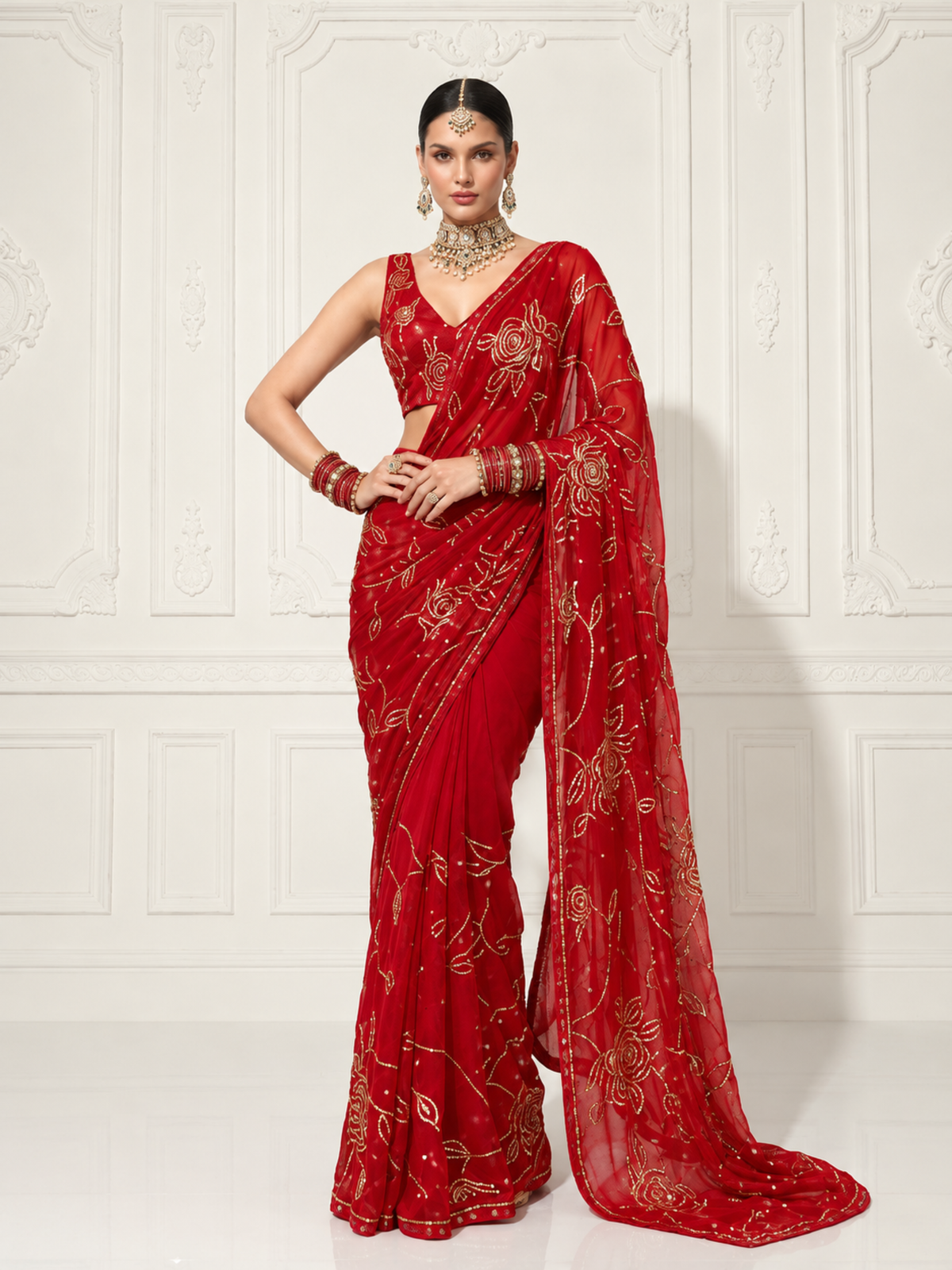 Fushia and Gold Roses Pure Silk Chiffon Saree with Allover Hand Embroidery and Beaded Blouse Fabric