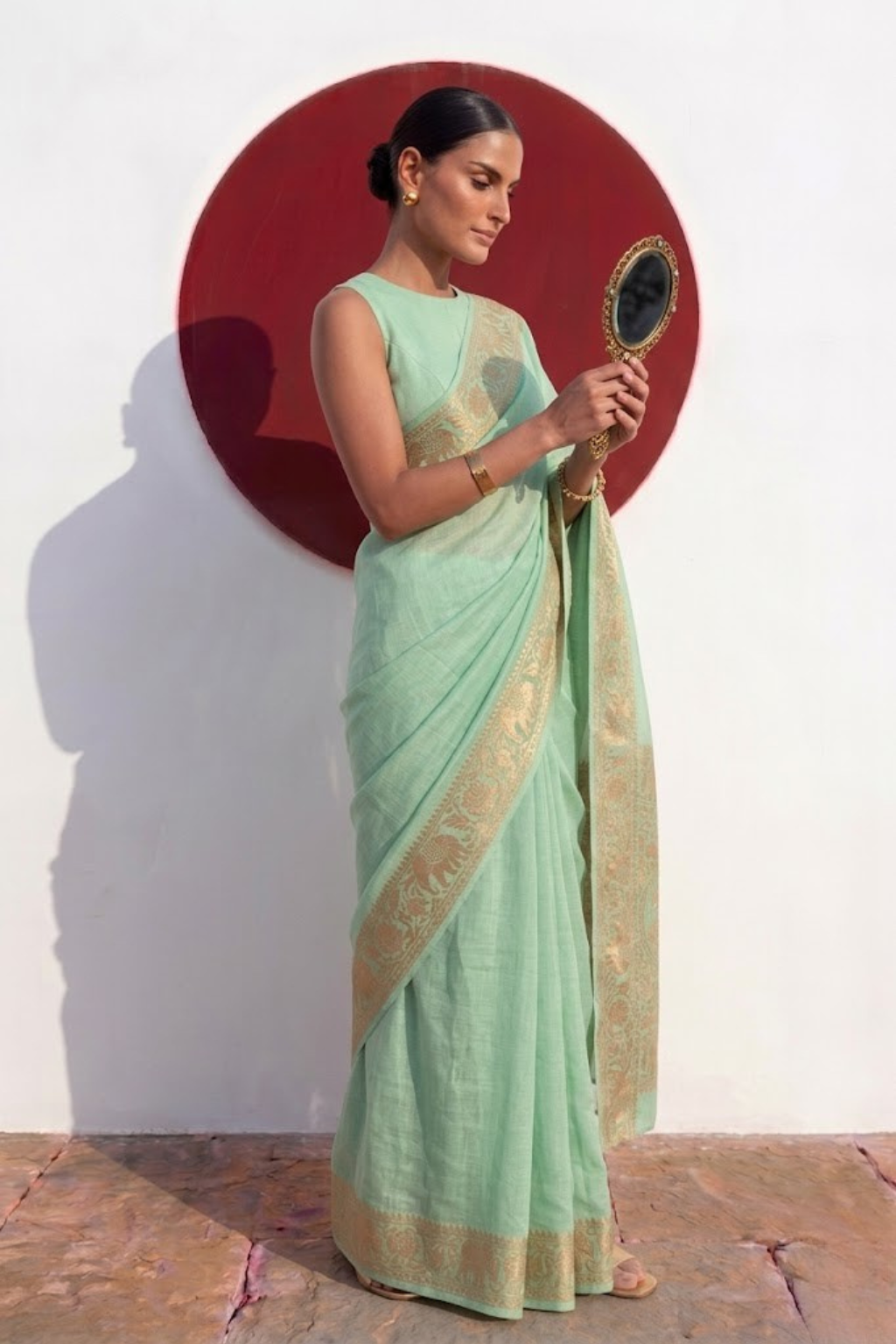 Dola Mint Border Silk saree with Zari Border and Blouse Fabric