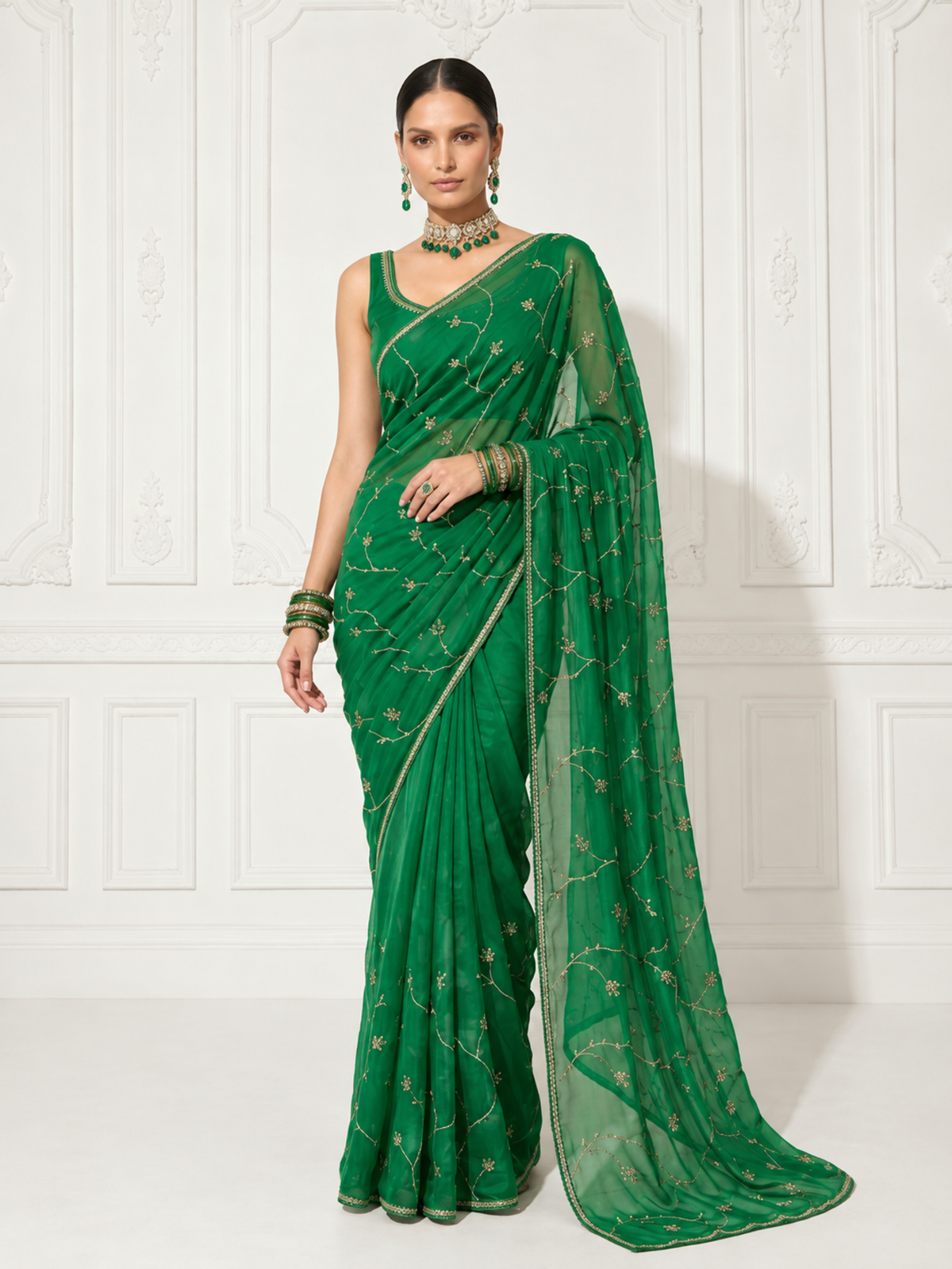 Blue Green Ombre Silk Chiffon Saree with Allover Hand Embroidery with Crepe Blouse Fabric