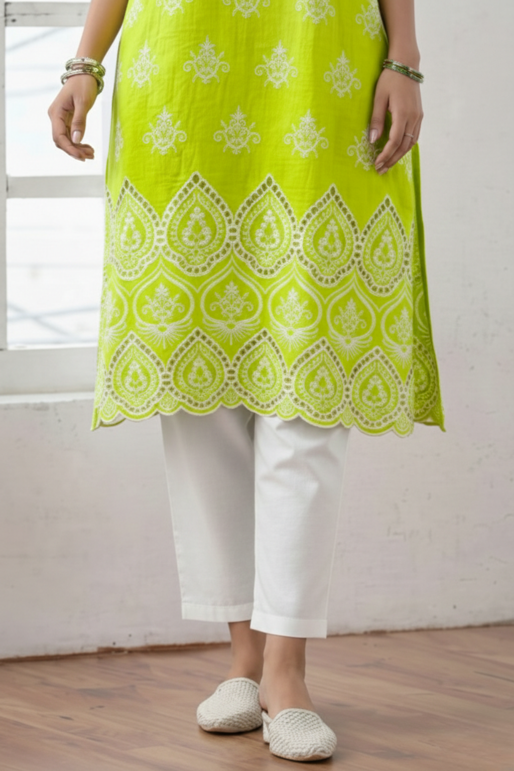 2 Pc Set - Sinful Green Cotton Allover Embroidered Schffli Sleeveless Kurta with Pants