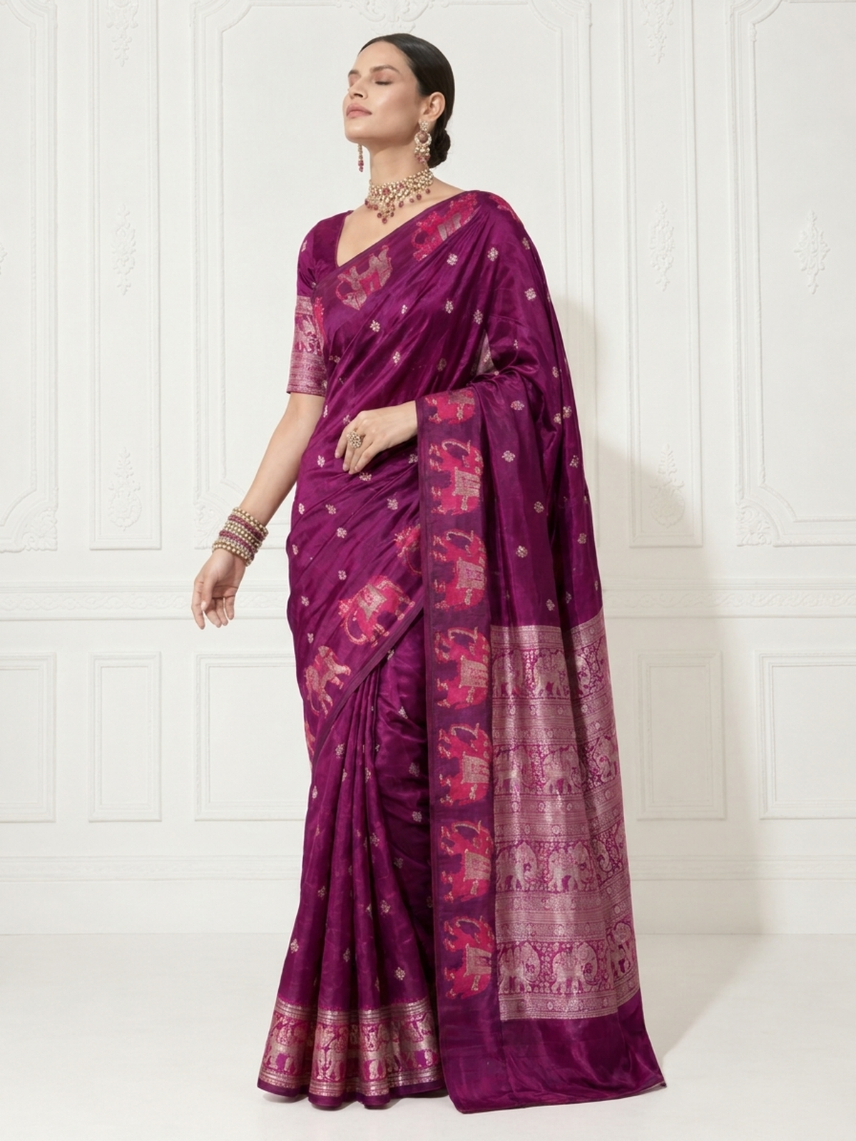 Wine Pure Silk Saree with Pink Silver Elephant Border and Blouse Fabric