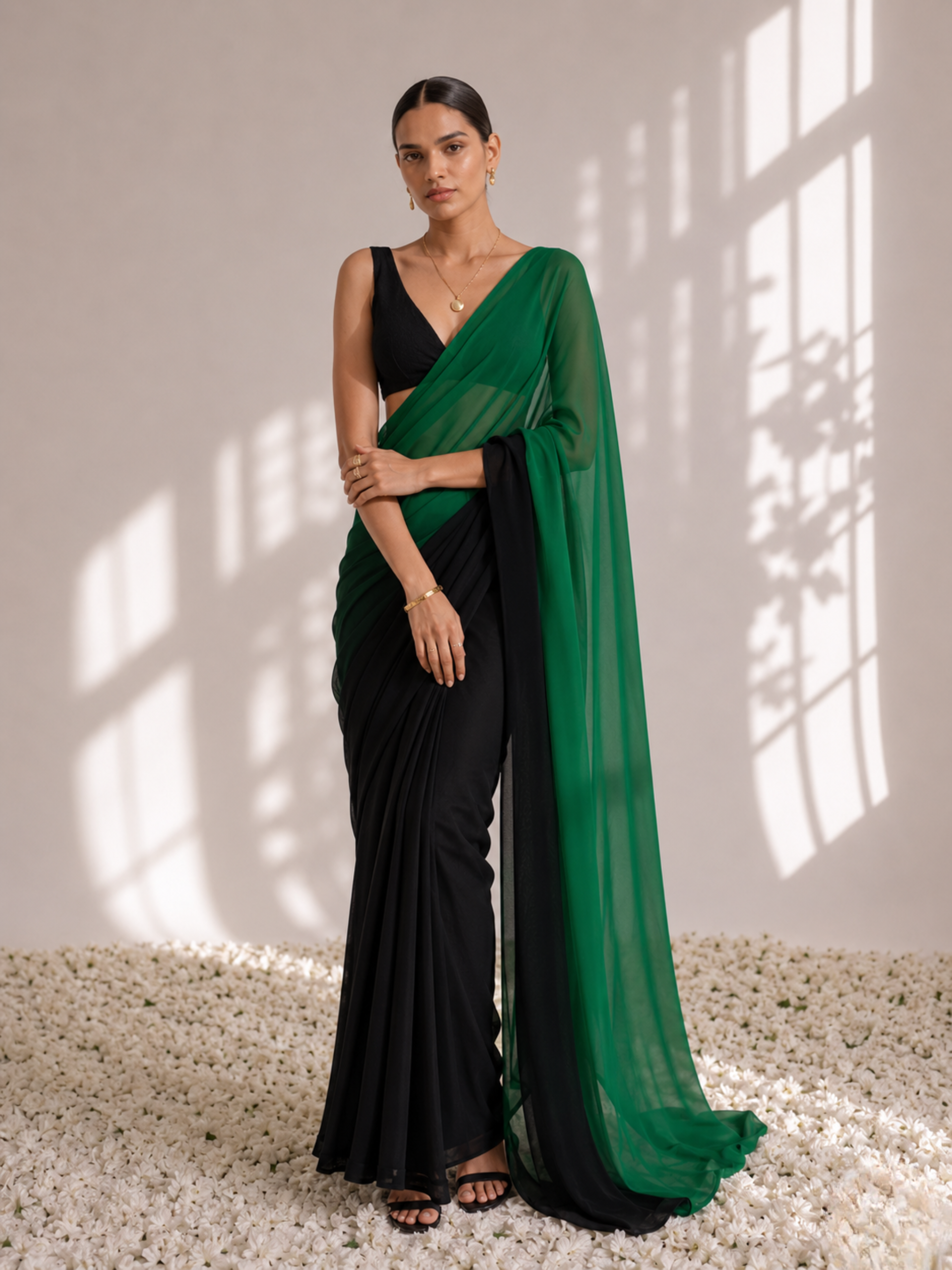 Black and Green Georgette Triangle Saree with Blouse Fabric
