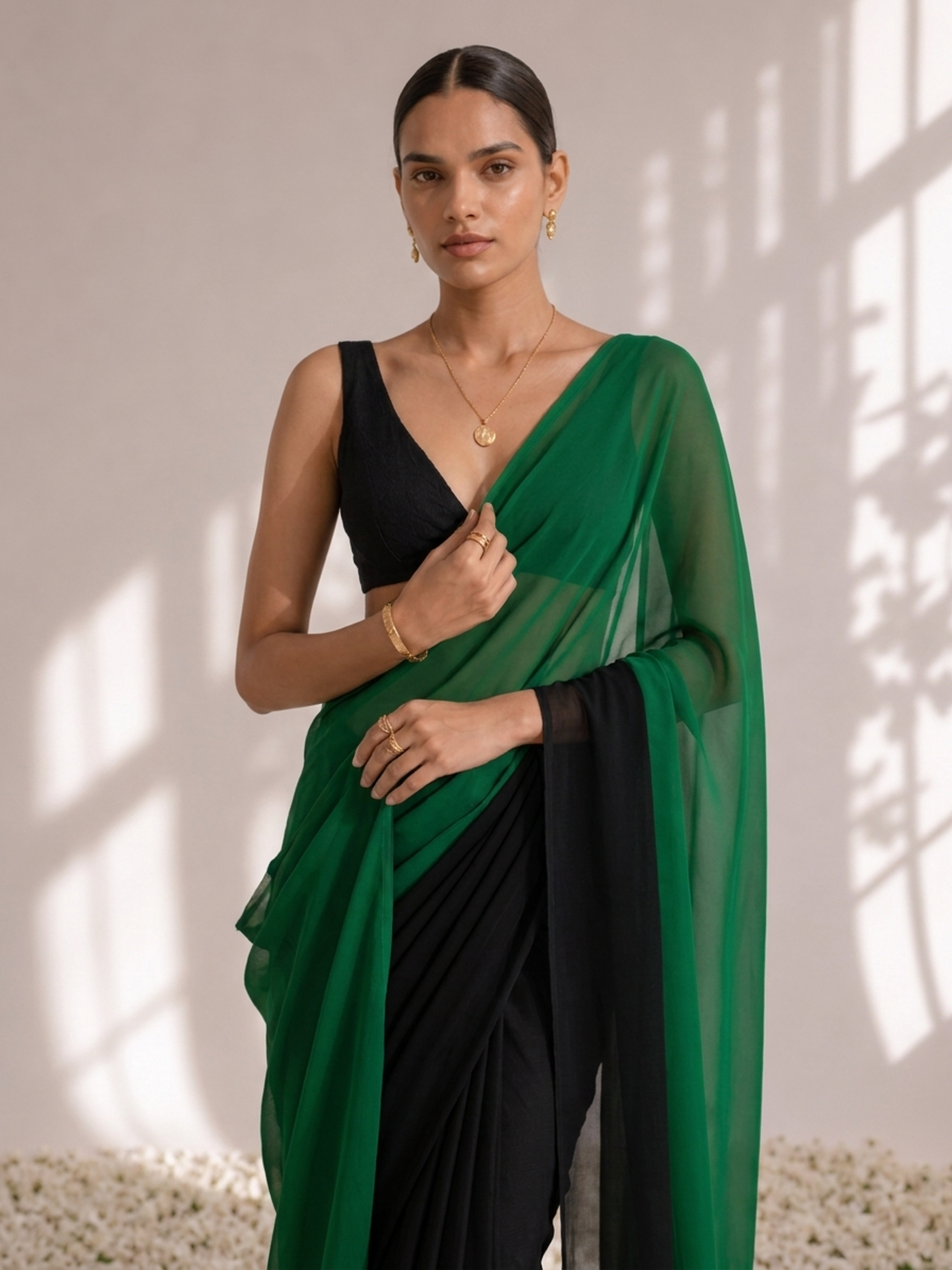 Black and Green Georgette Triangle Saree with Blouse Fabric