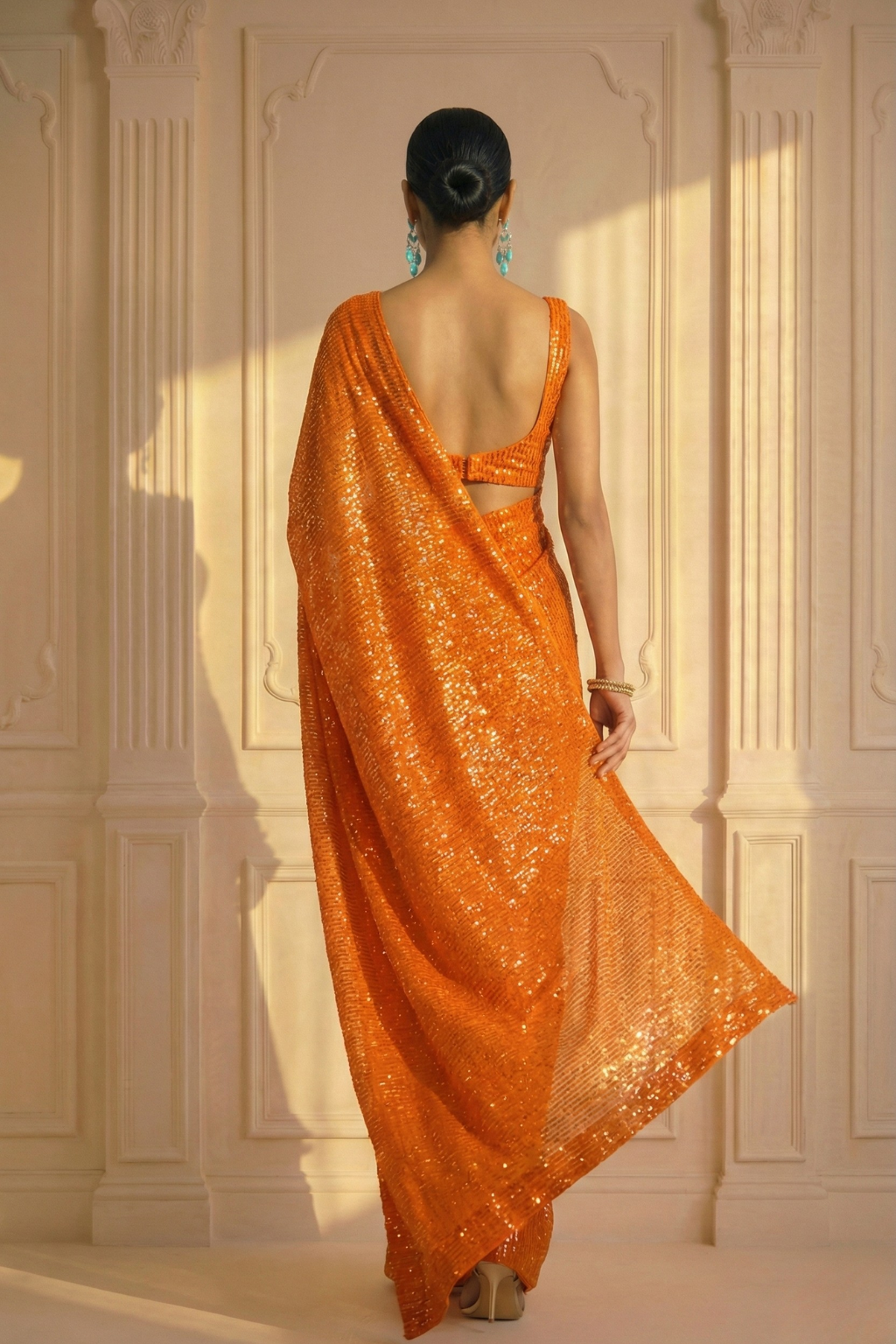 Tangerine Knitted Sequin Saree with Blouse Fabric