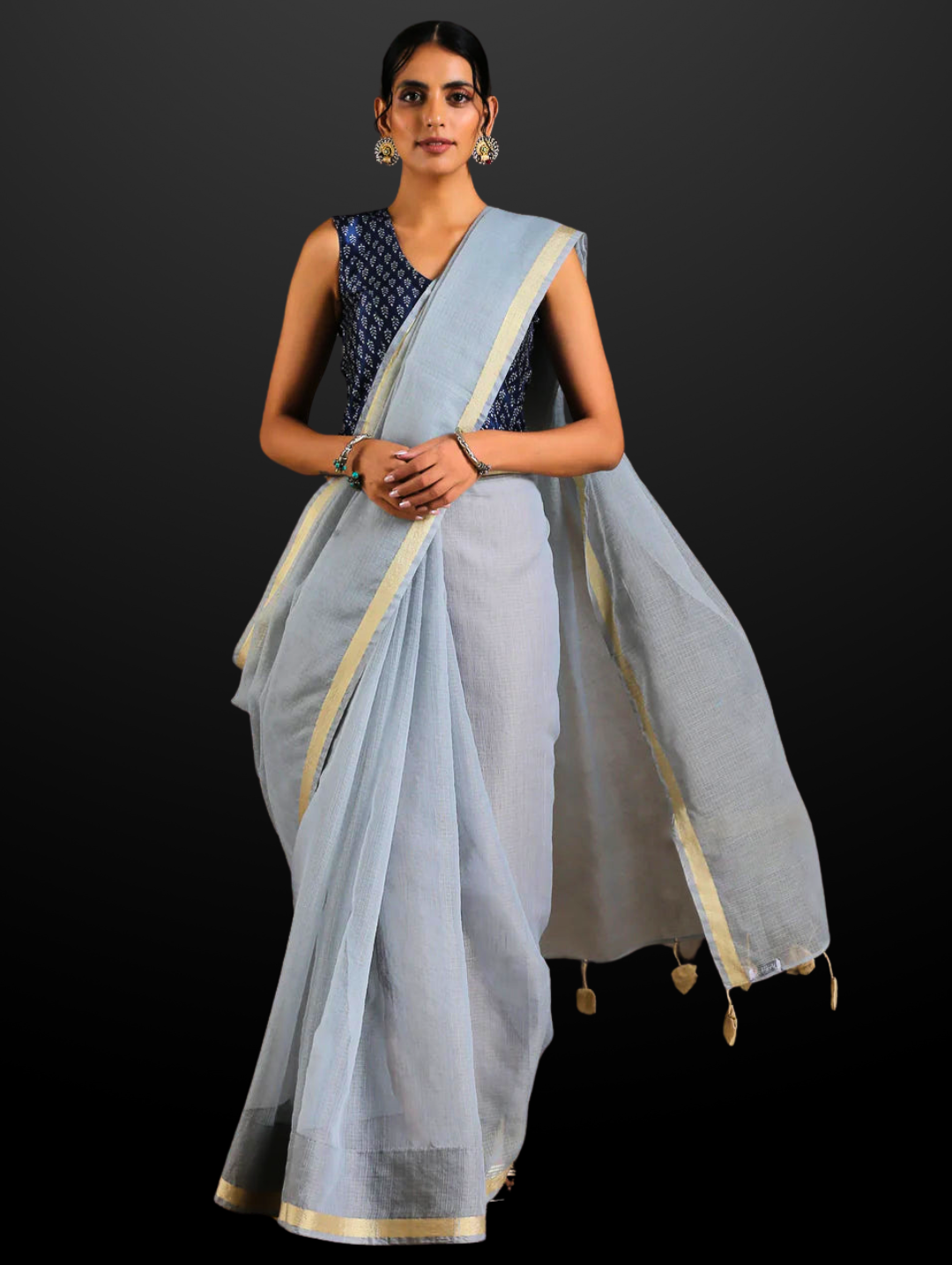 Smoke Kota Doria Saree with Border & Tassles