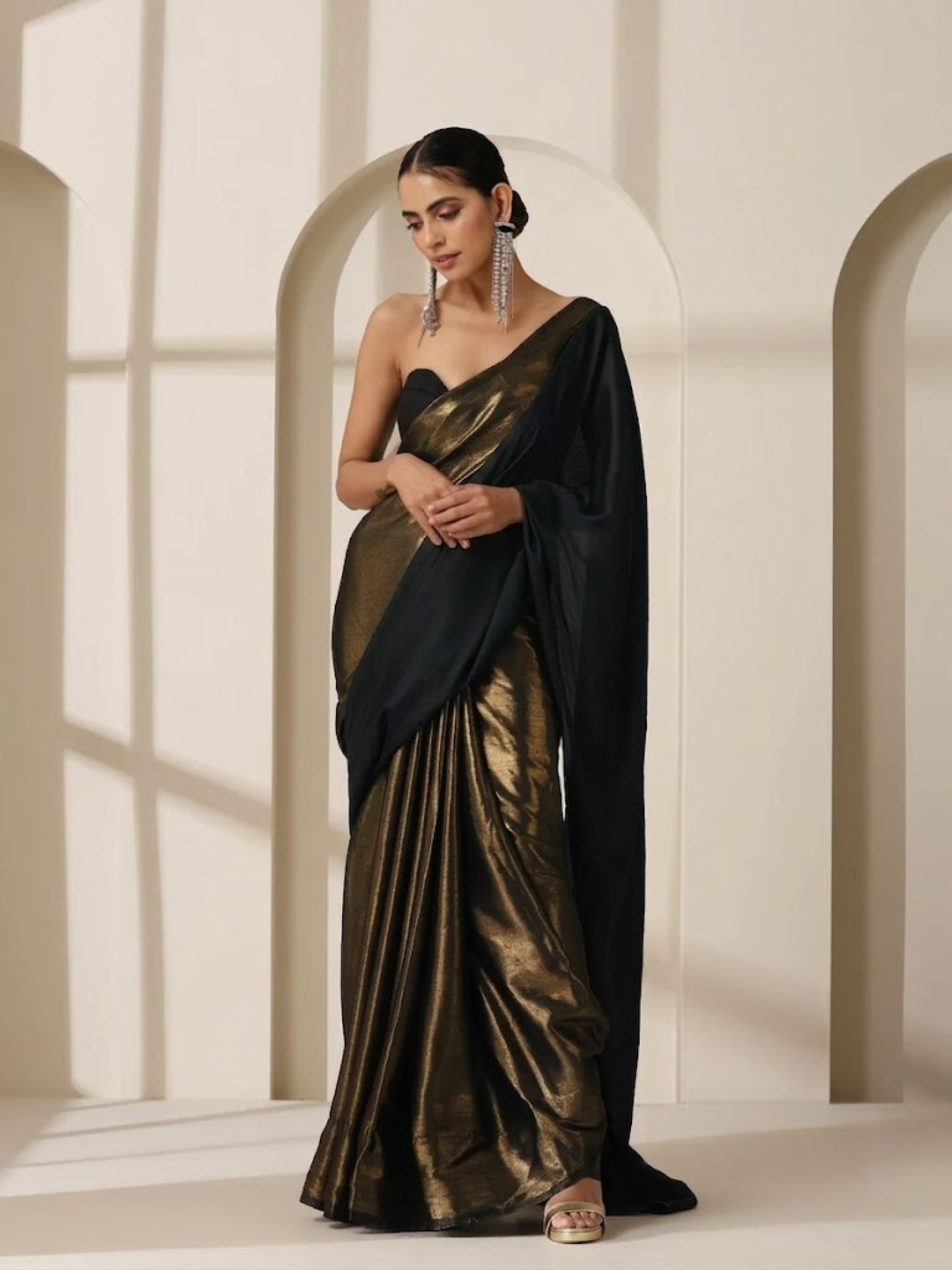 Black Gold Saree with Gold Pendants