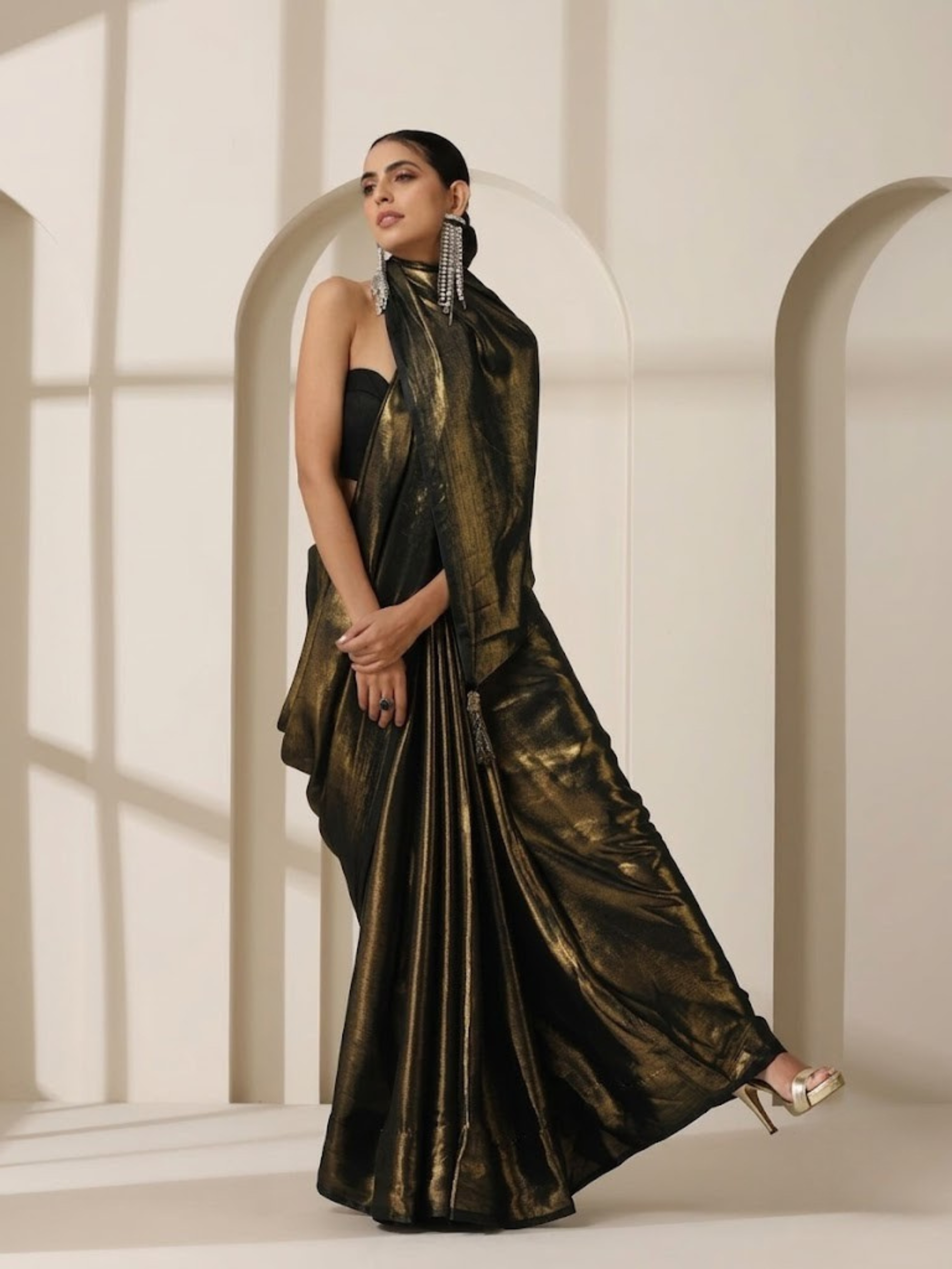 Black Gold Saree with Gold Pendants