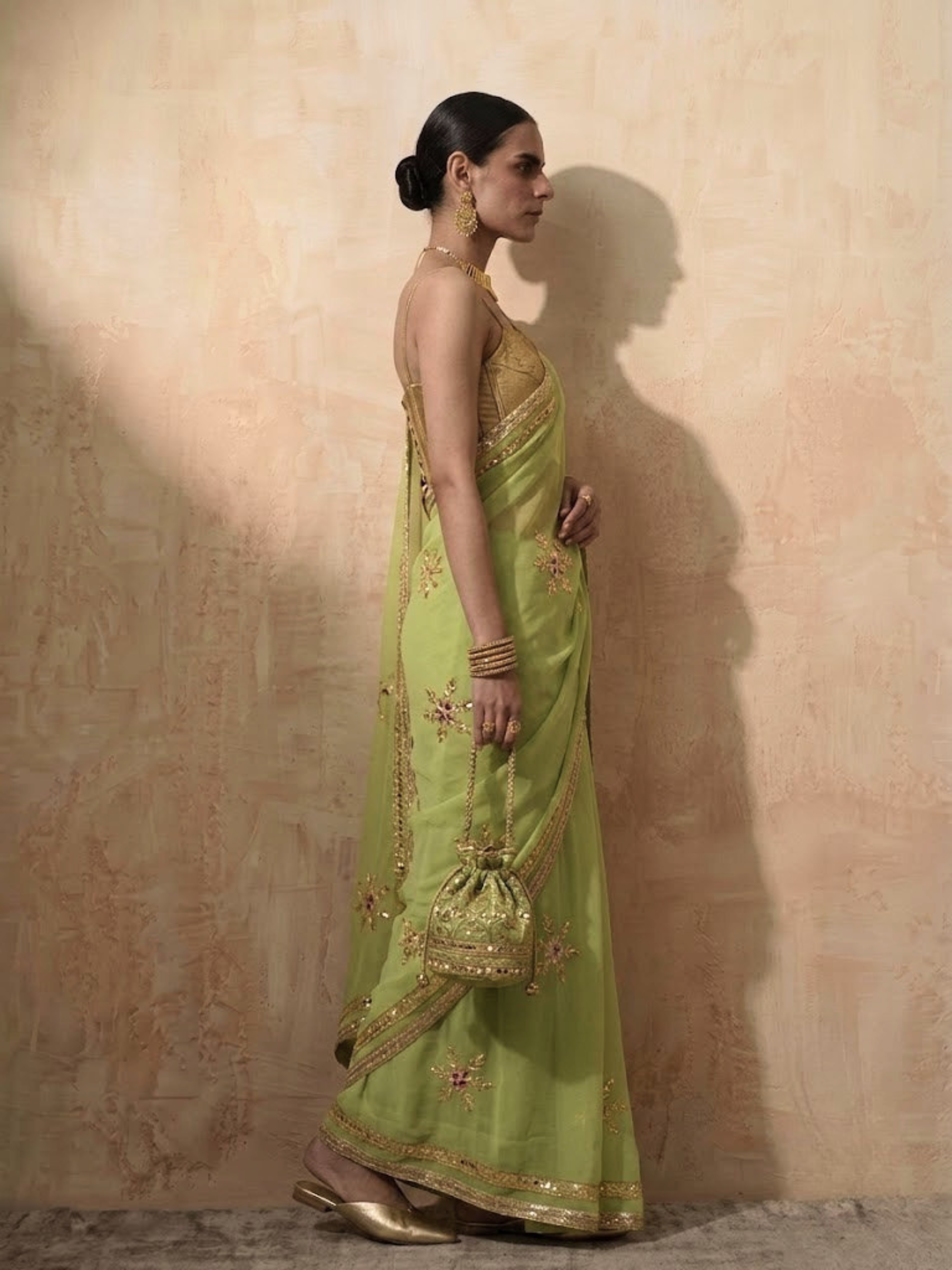 Mehndi Chiffon Saree with Gota Patti Handwork Patches with Self Fabric Blouse