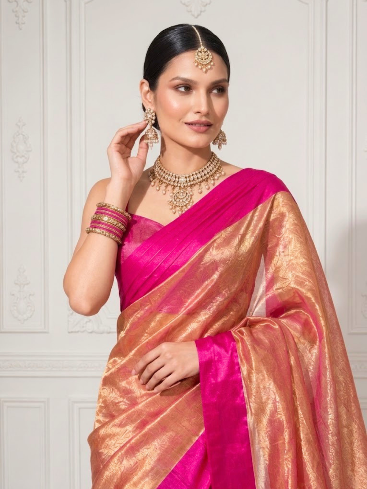 Pure Silk Tissue Pink Gold Saree with Mashru Border and Blouse Fabric