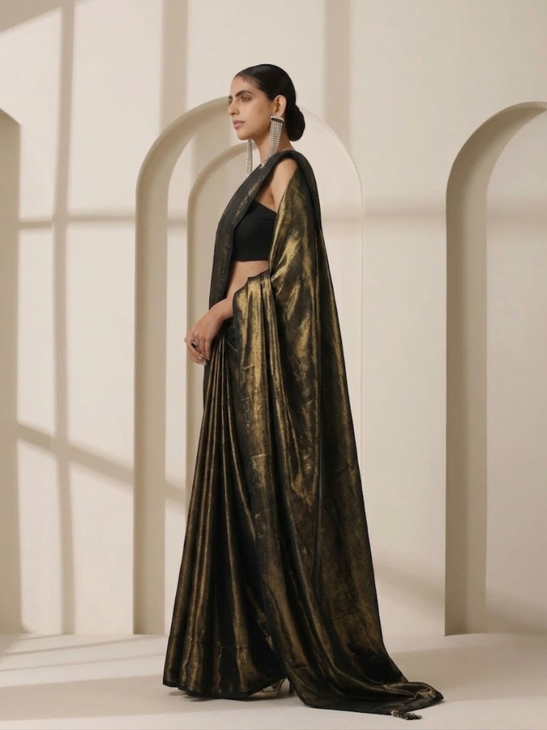 Black Gold Saree with Gold Pendants