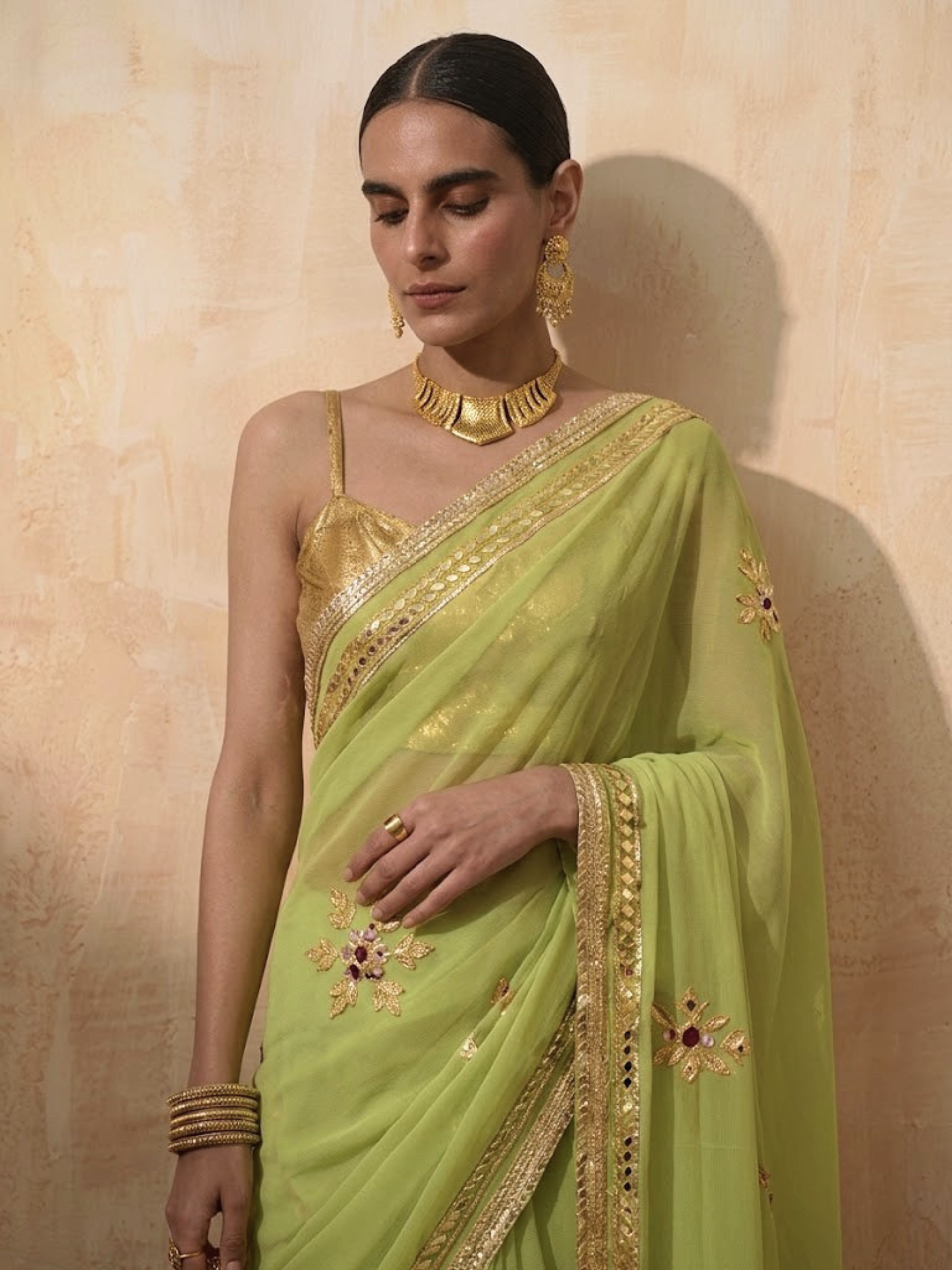 Mehndi chiffon saree with Gota patti handwork patches with self fabric blouse — view 3