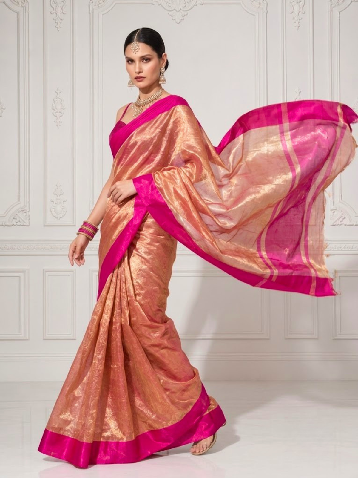 Pure Silk Tissue Pink Gold Saree with Mashru Border and Blouse Fabric