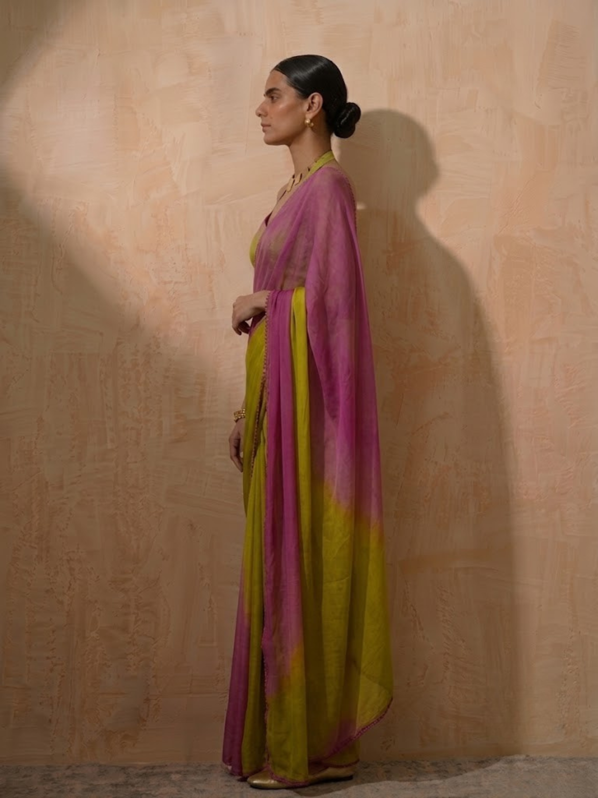 Lilac and green ombre chiffon saree with self fabric blouse — view 5