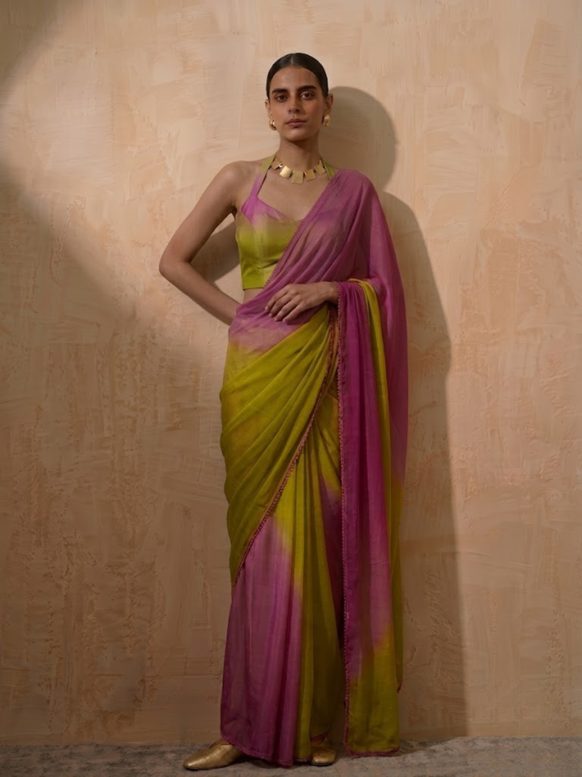 Lilac and green ombre chiffon saree with self fabric blouse — view 3