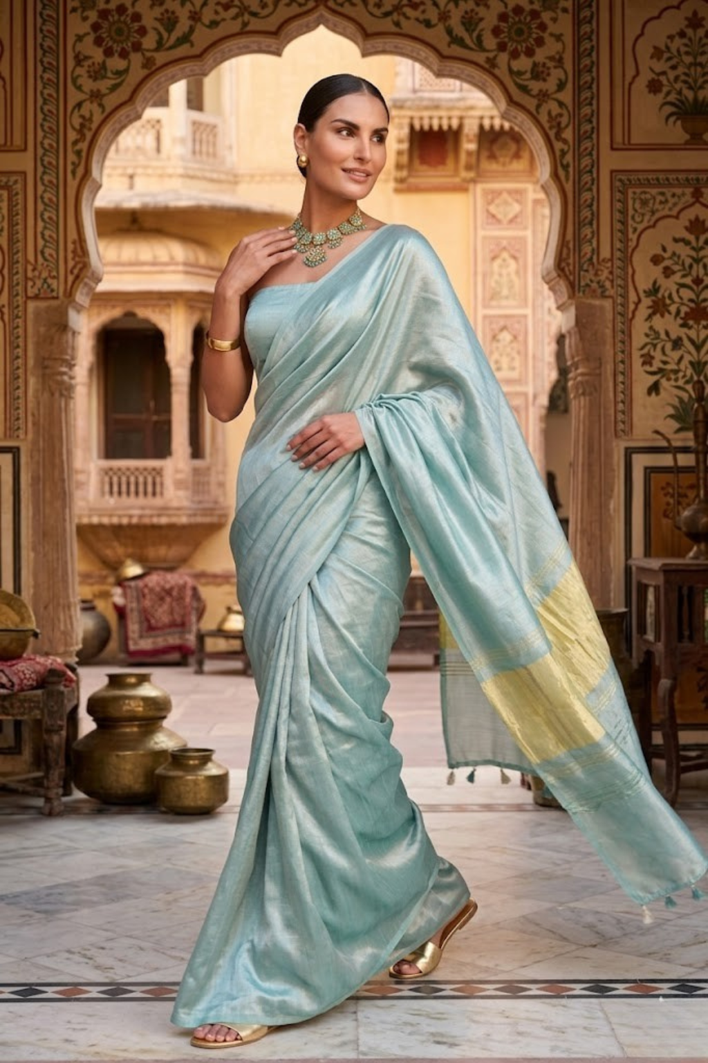 Gajji Mint Silk Saree with Zari Pallu with Blouse Fabric