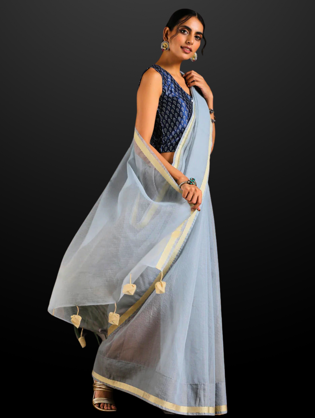 Smoke Kota Doria Saree with Border & Tassles